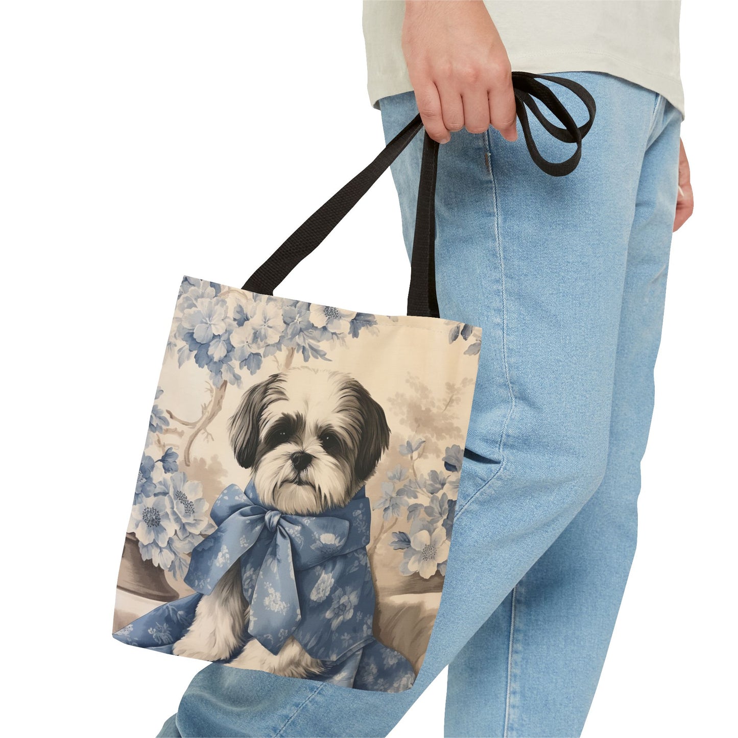 Elegant Shih Tzu Floral Tote Bag with Blue Bow for Dog Lovers