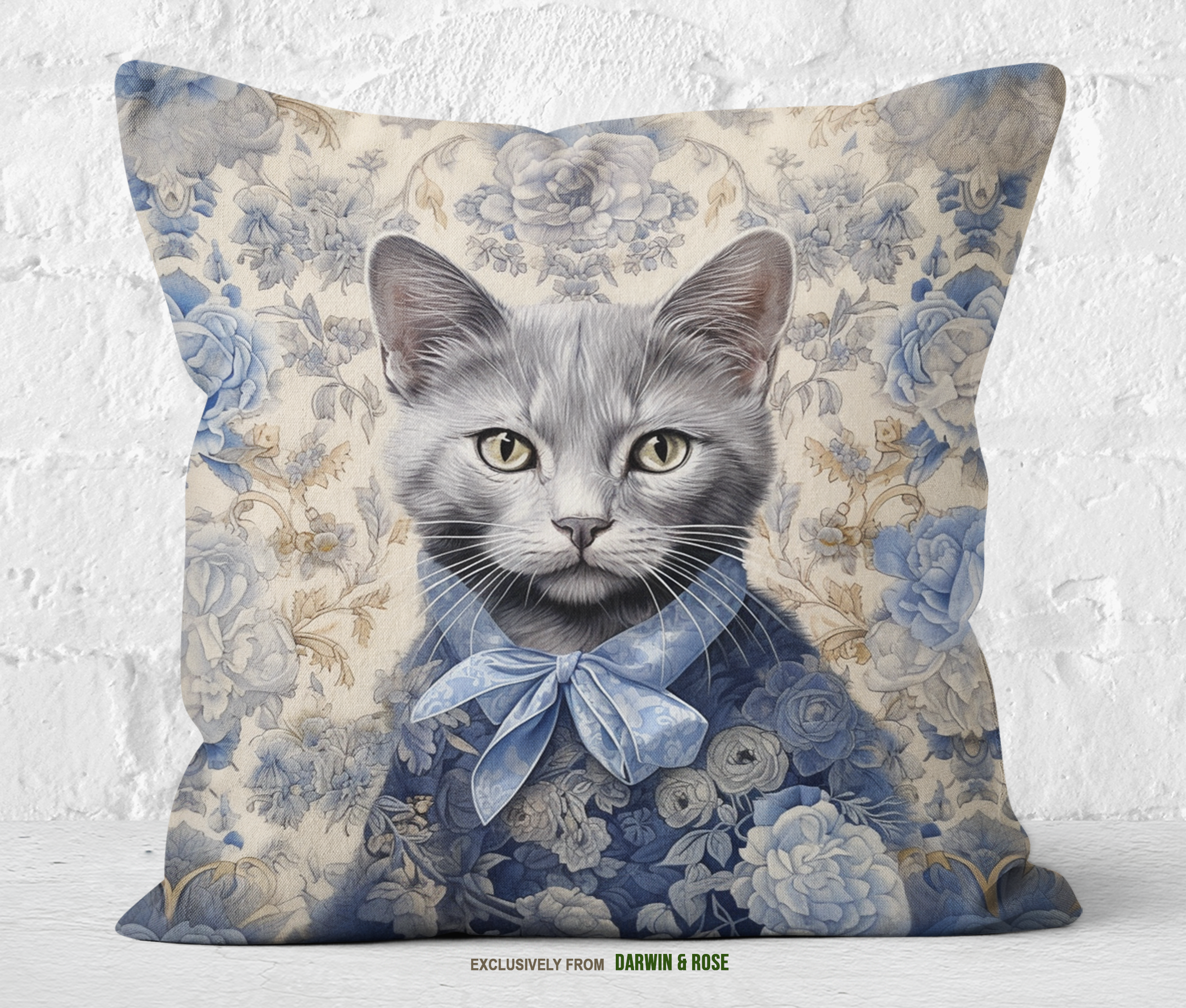 Russian Blue Cat Vintage Floral Throw Pillow