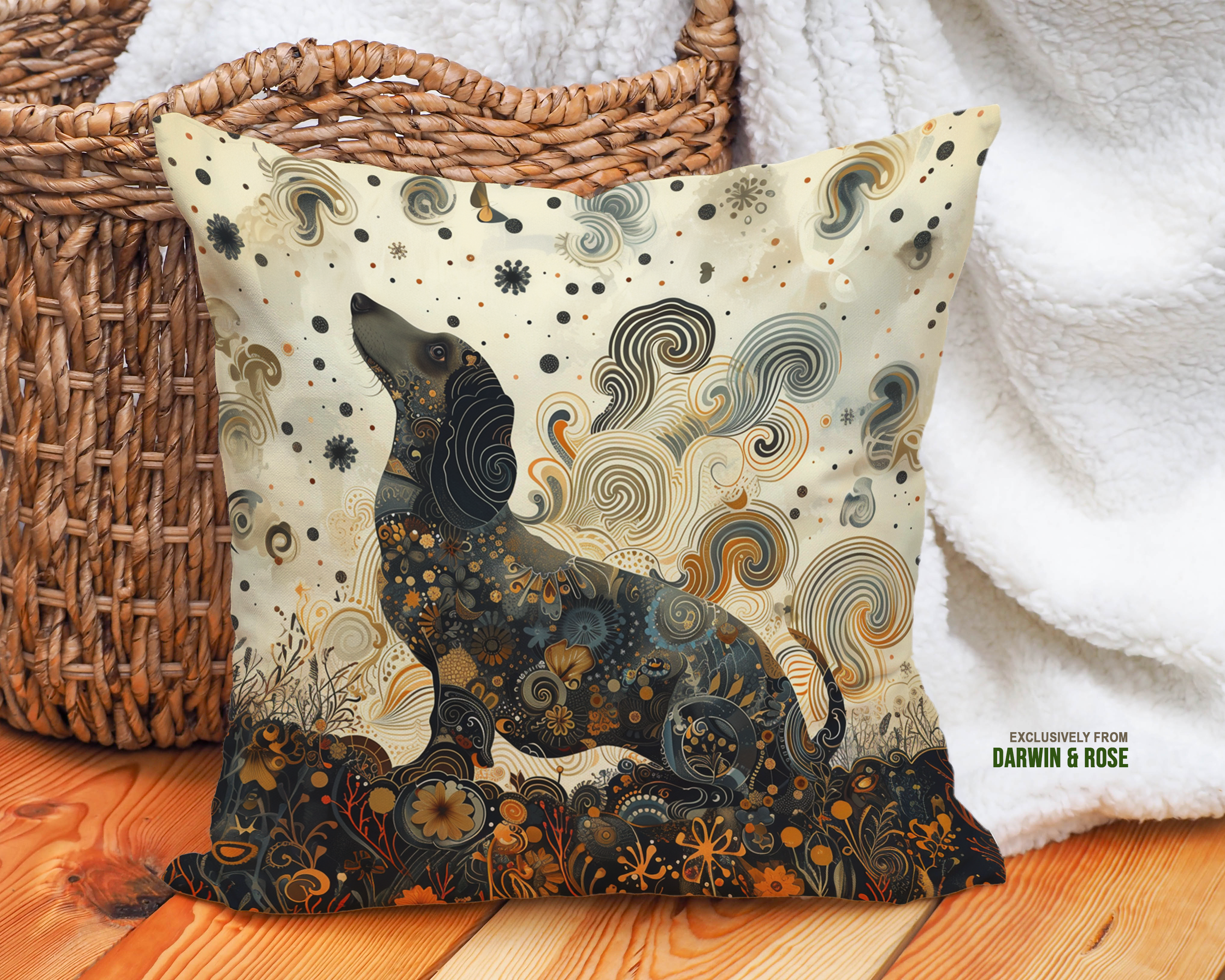 Whimsical Dachshund Art Throw Pillow - Boho Floral Design