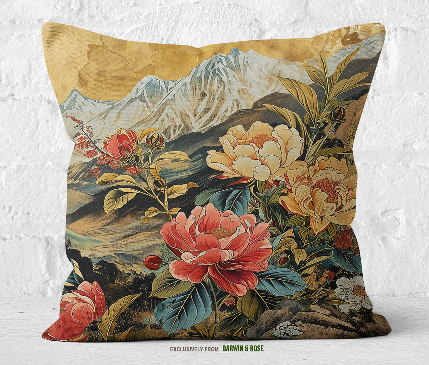 Golden Bloom Elegance Throw Pillow – Modern Asian-Inspired Décor