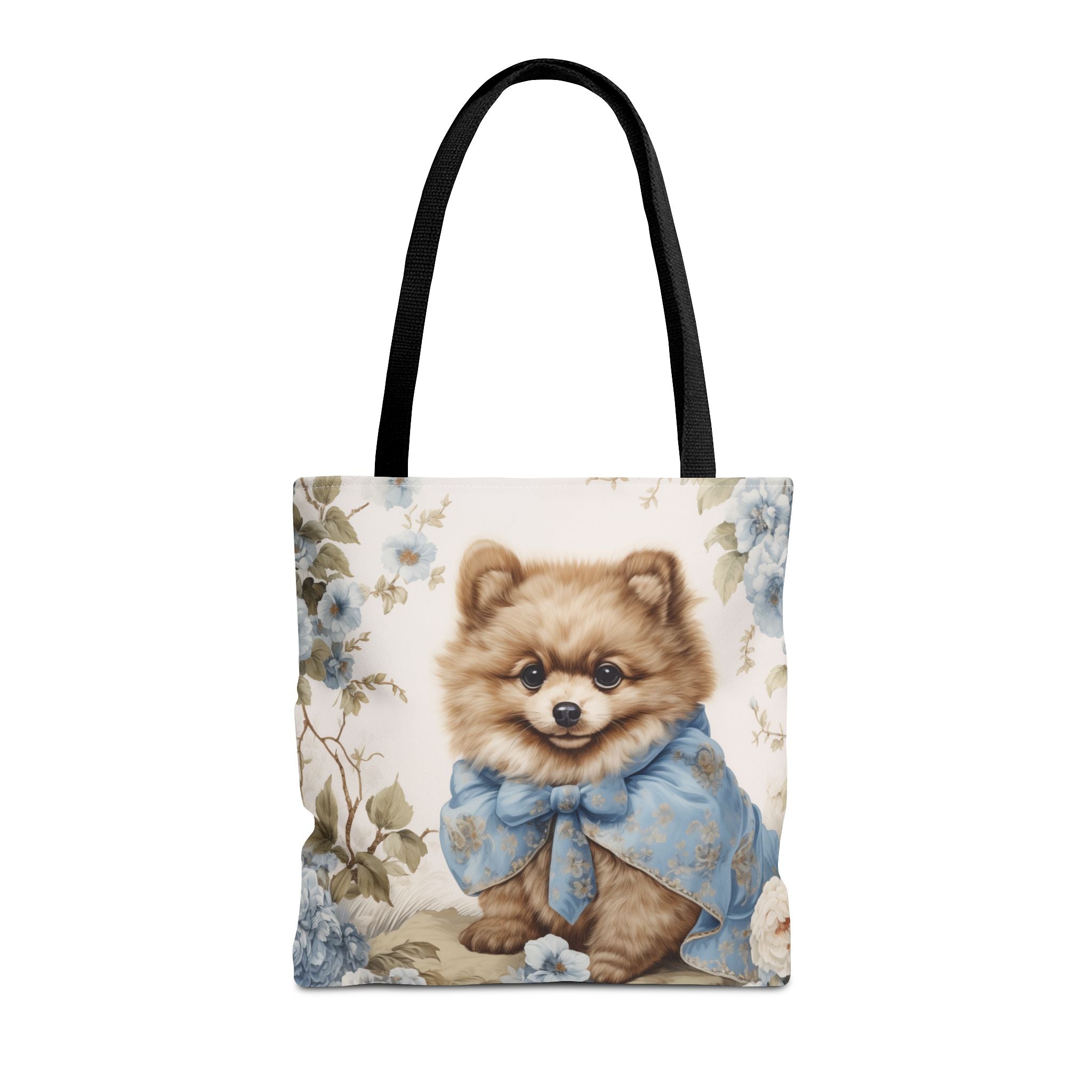 Floral Pomeranian Tote Bag with Blue Vintage Bow Design