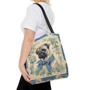 Charming Pug Tote Bag with Blue Bow and Floral Design