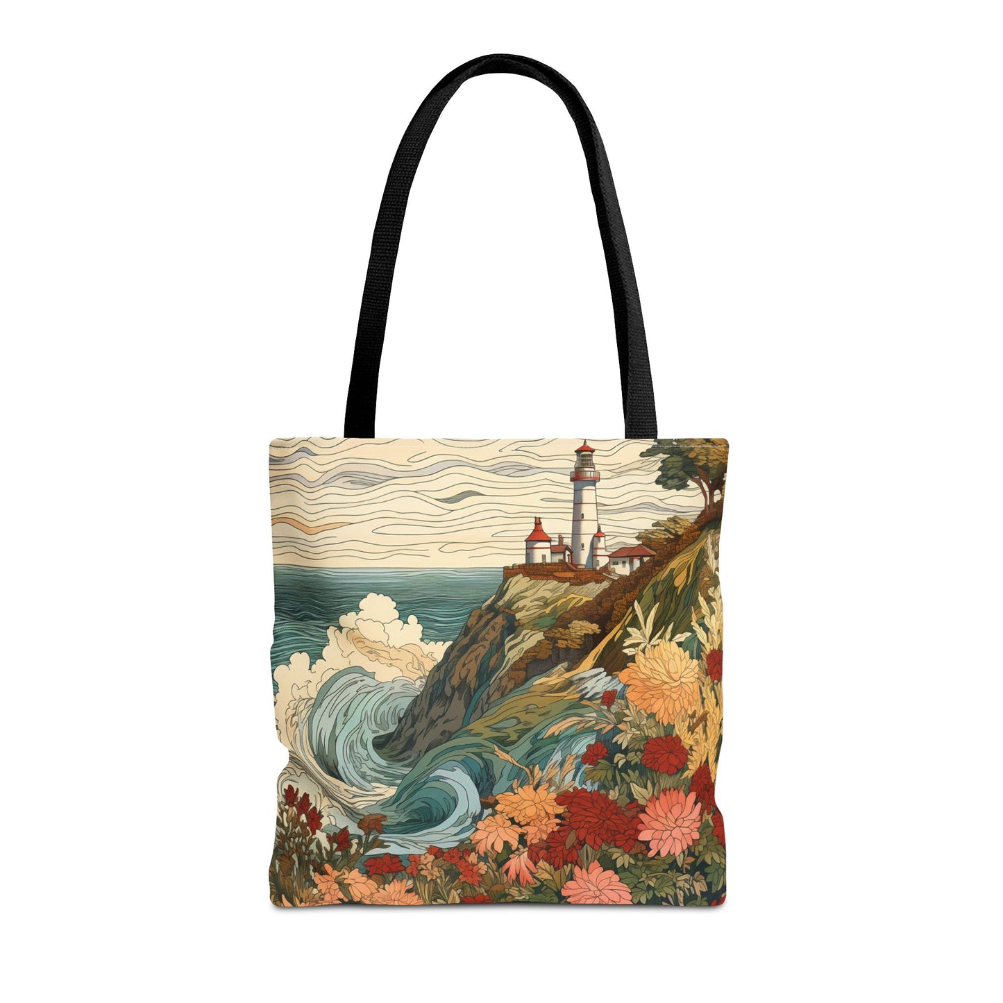 Coastal Lighthouse Canvas Tote Bag, Vintage Floral Ocean Design