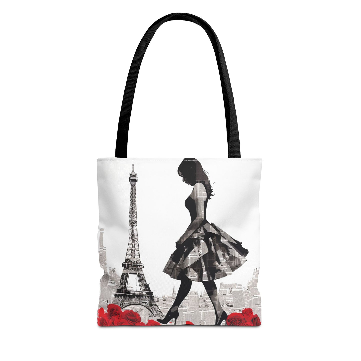 Parisian Elegance Tote Bag with Eiffel Tower and Red Roses Design