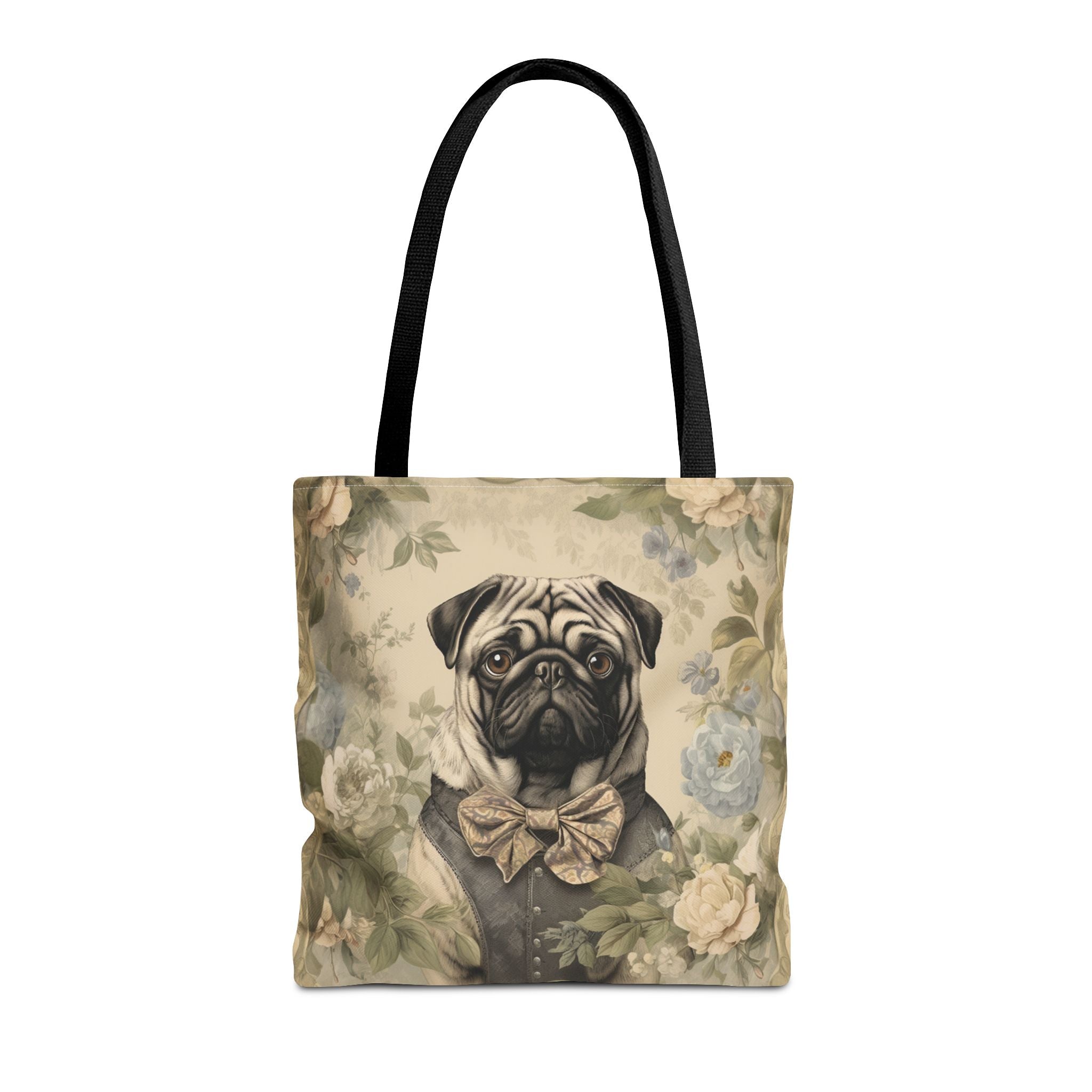 Dapper Pug Tote Bag, Vintage Floral Canvas Market Bag for Dog Lovers