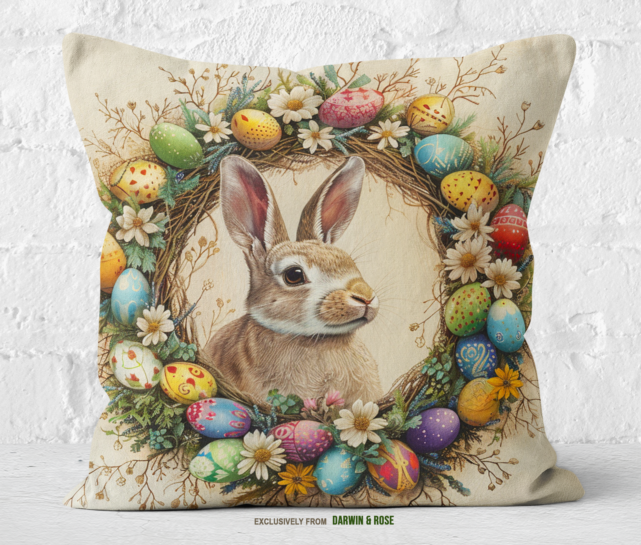 Easter Bunny Wreath Throw Pillow – Farmhouse Spring Décor