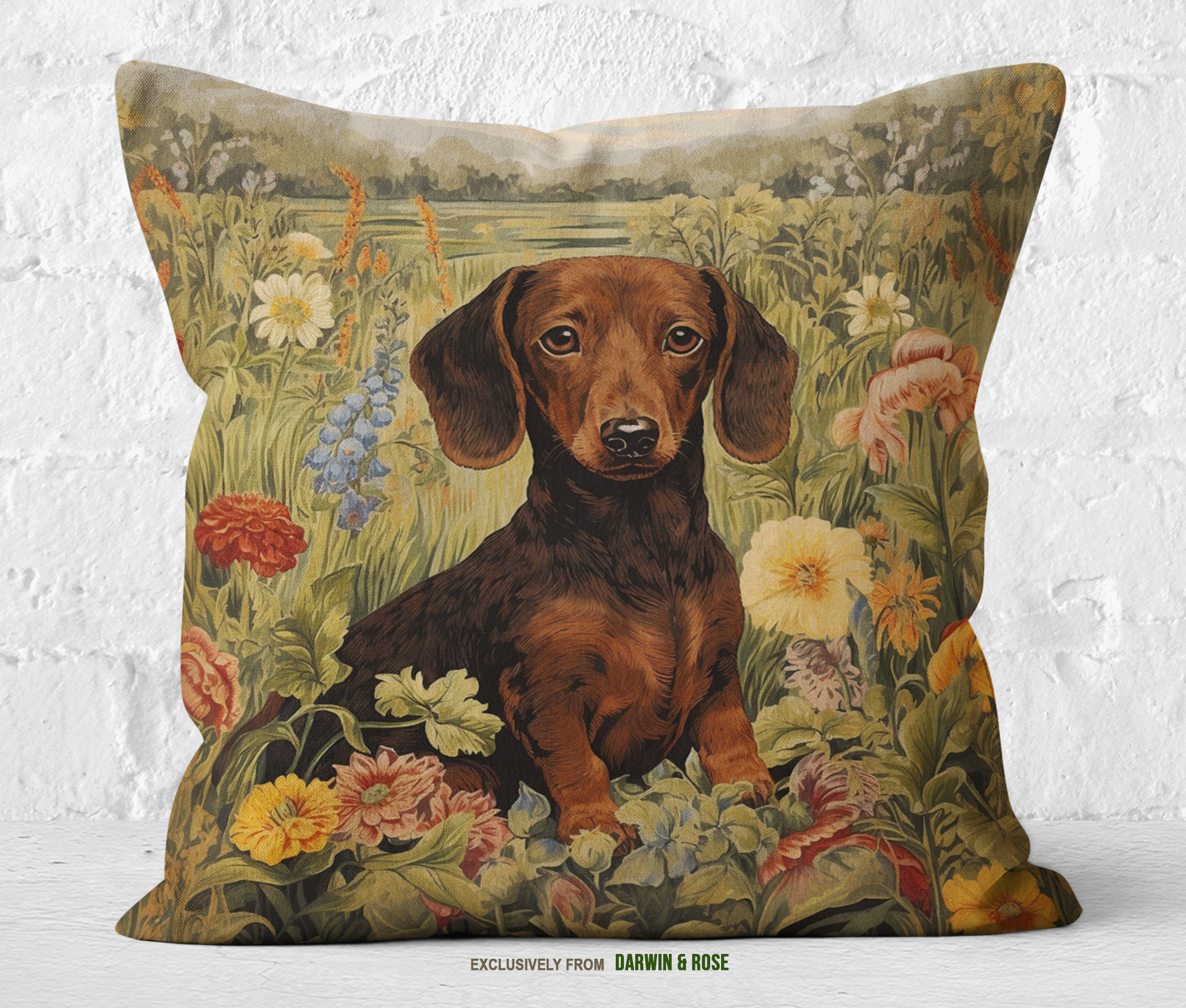 Dachshund Meadow Bliss Throw Pillow – Whimsical Cottagecore Style