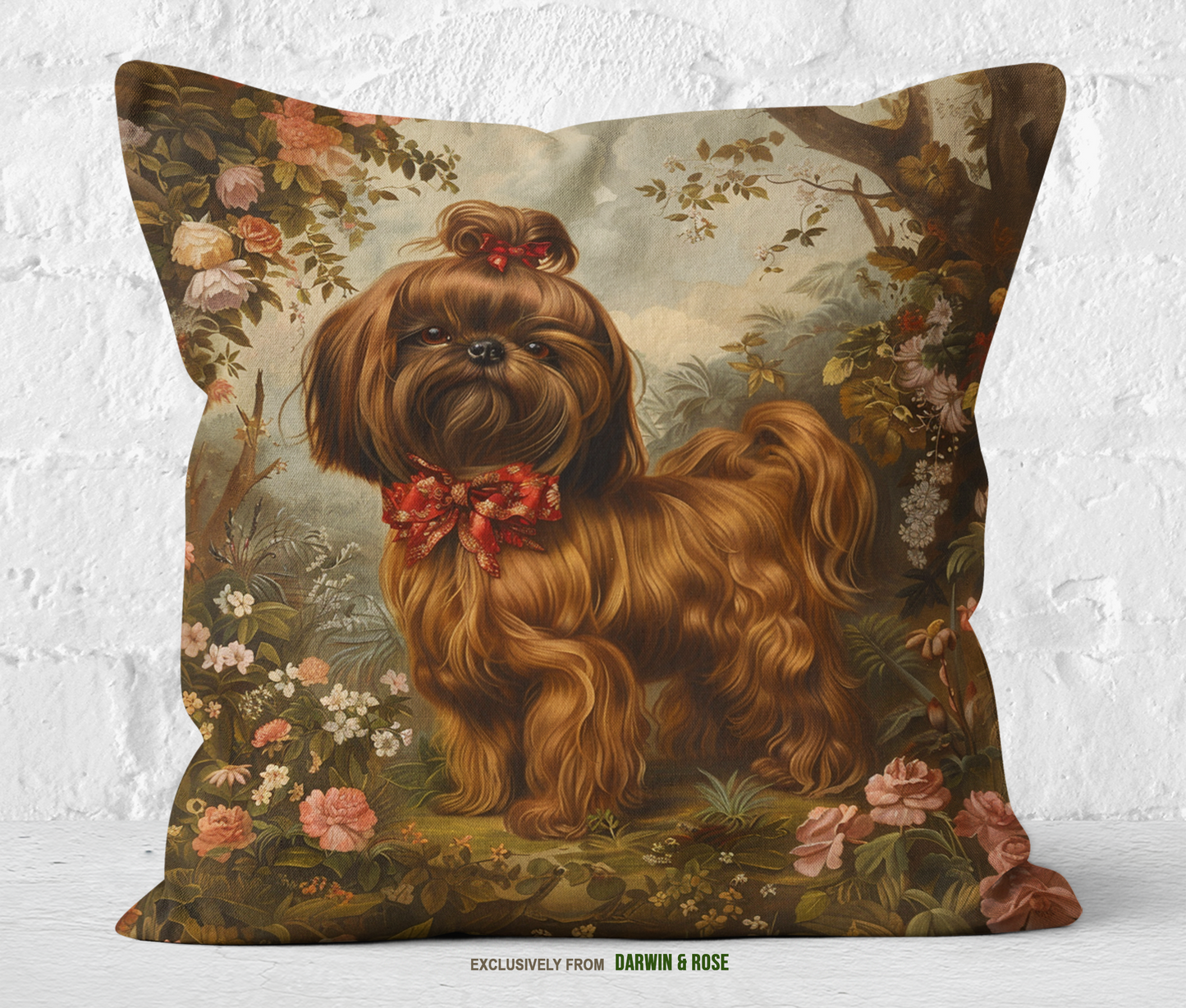 Regal Shih Tzu Throw Pillow – Vintage Floral Charm for Dog Lovers