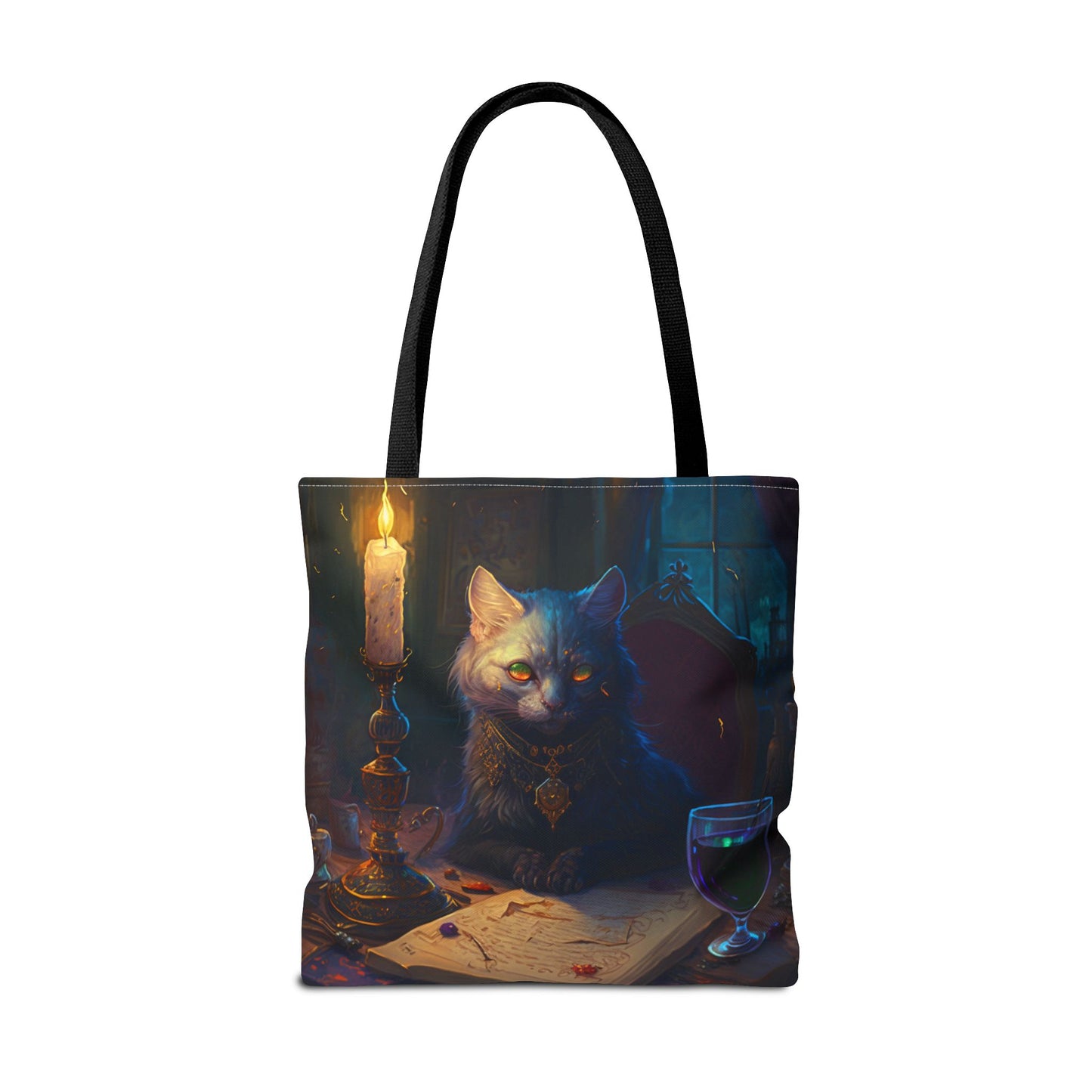 Mystical Cat Scholar Gothic Tote Bag with Candlelight Charm