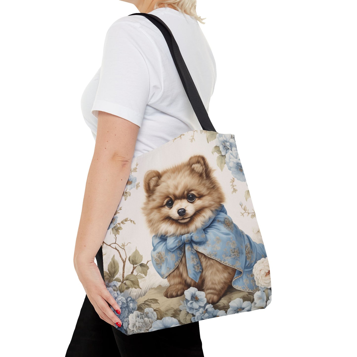 Floral Pomeranian Tote Bag with Blue Vintage Bow Design