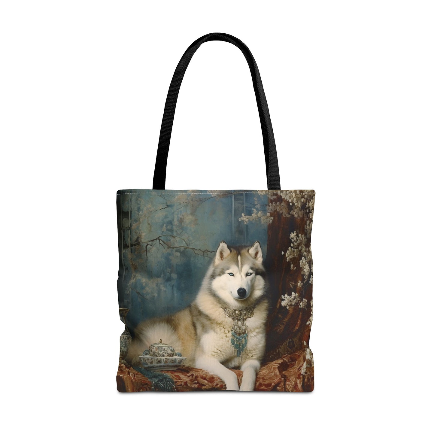 Siberian Husky Elegance Tote Bag, Vintage Floral Shopping Canvas