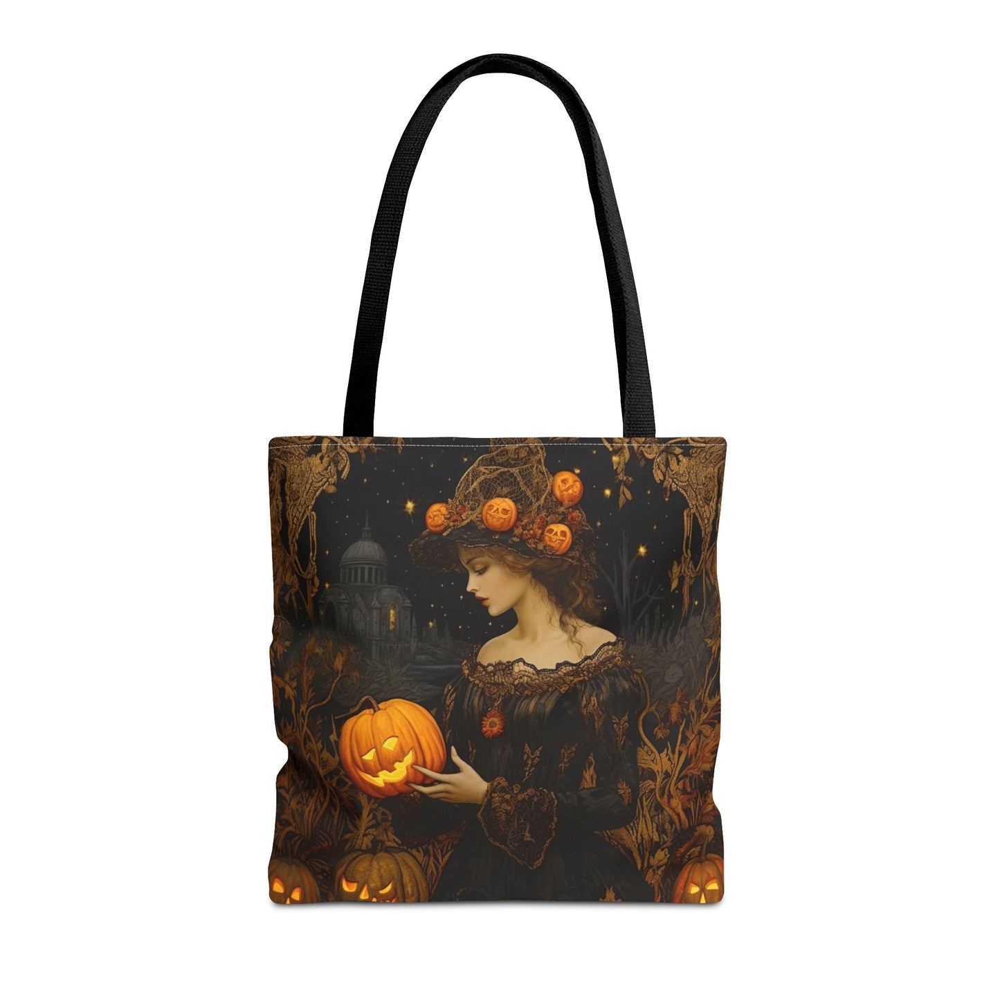 Elegant Halloween Pumpkin Witch Tote Bag, Gothic Art Design