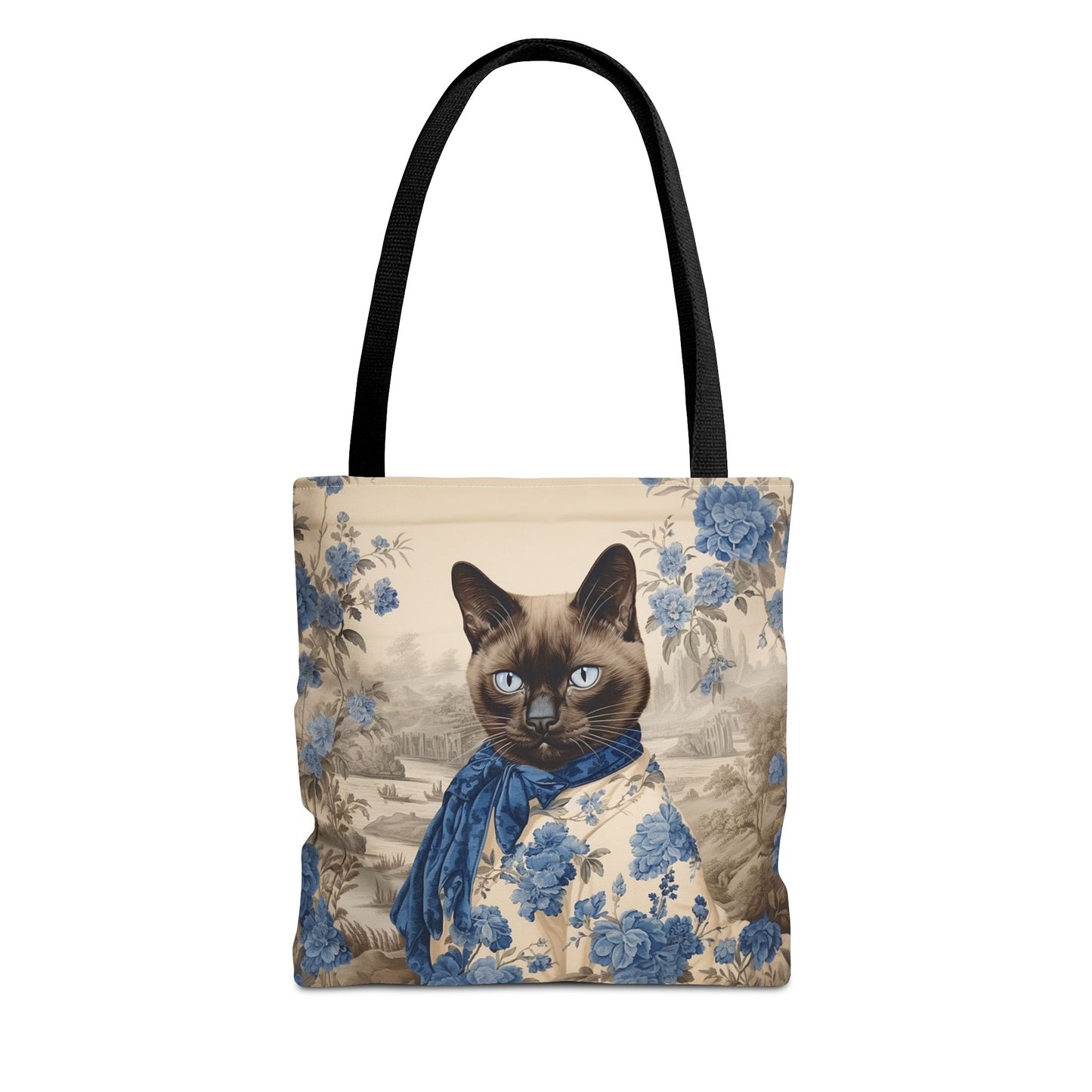 Siamese Elegance Tote Bag, Charming Cat Design in Blue and Beige Canvas