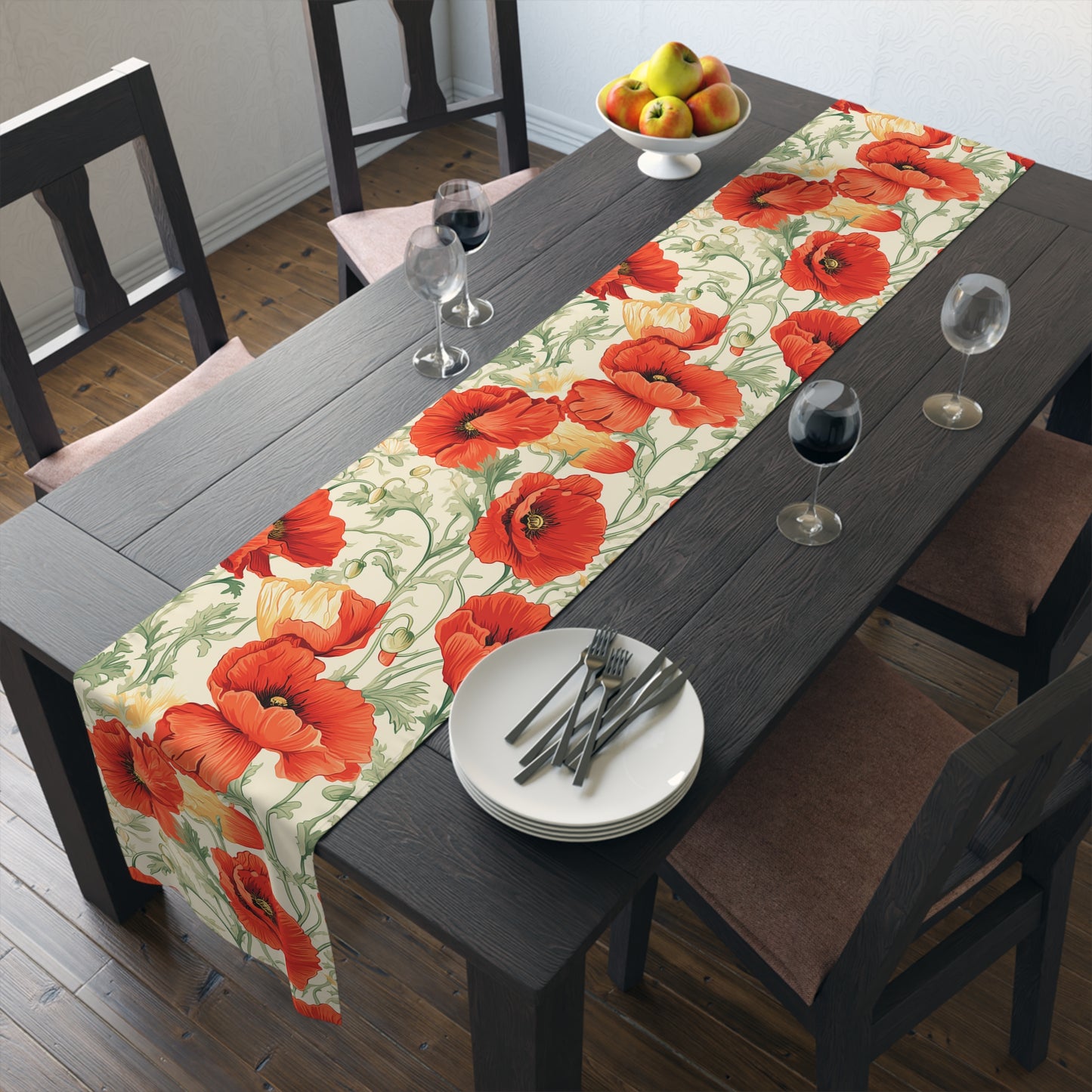 Red Poppy Table Runner | Bright Floral Décor in Red, Green, and Cream (72" or 90")