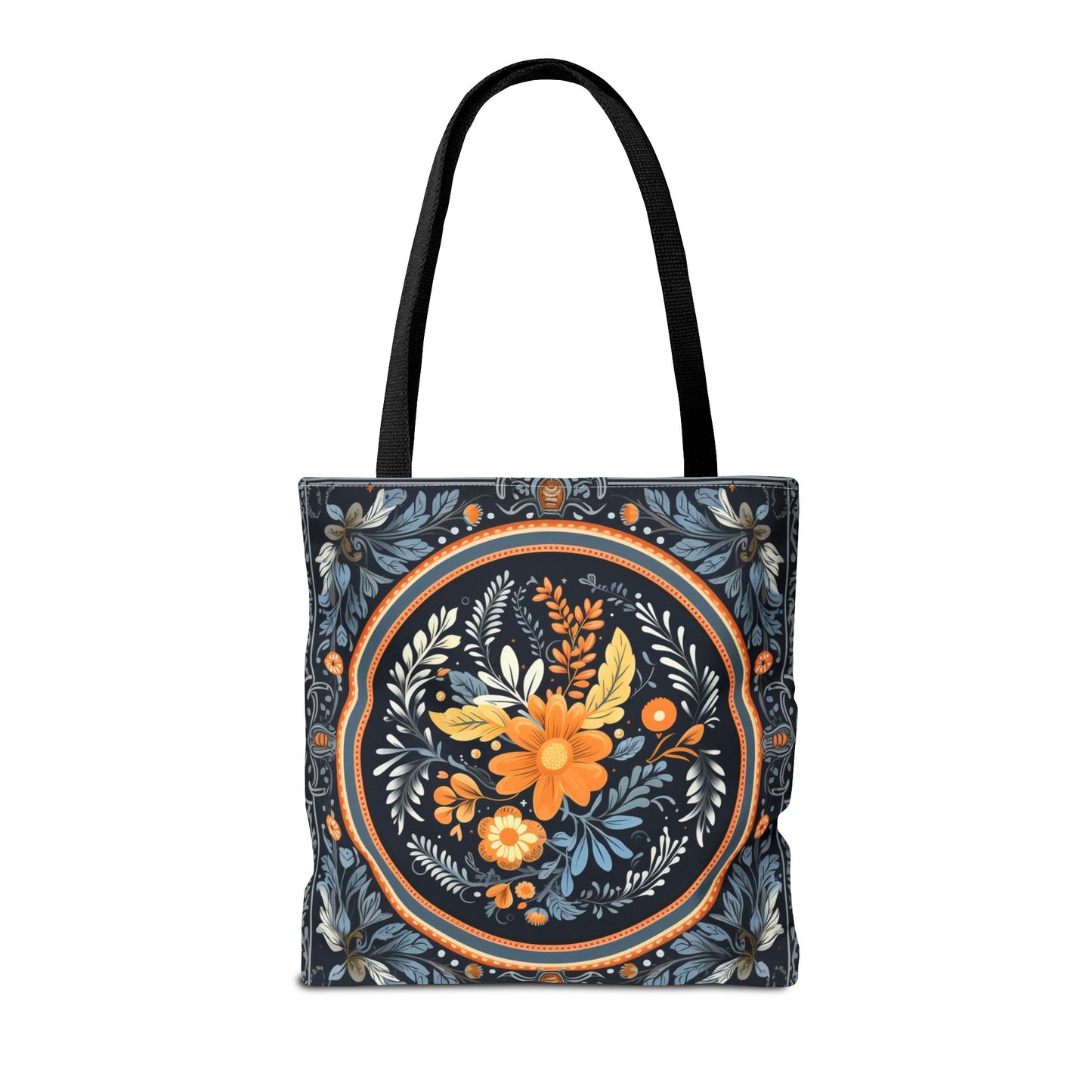 Elegant Botanical Tote Bag with Orange and Blue Floral Design