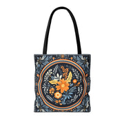 Elegant Botanical Tote Bag with Orange and Blue Floral Design