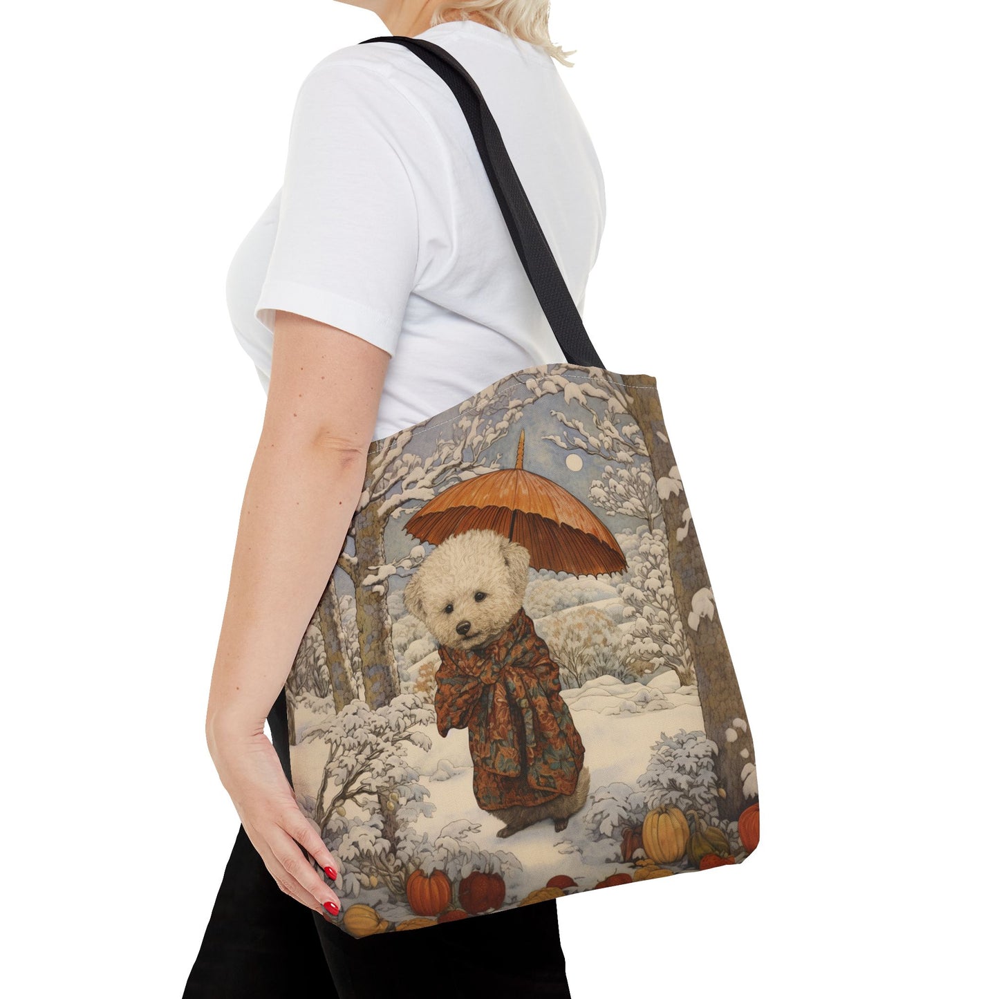 Winter Poodle Tote Bag with Snowy Forest Design