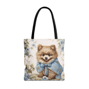 Floral Pomeranian Tote Bag with Blue Vintage Bow Design