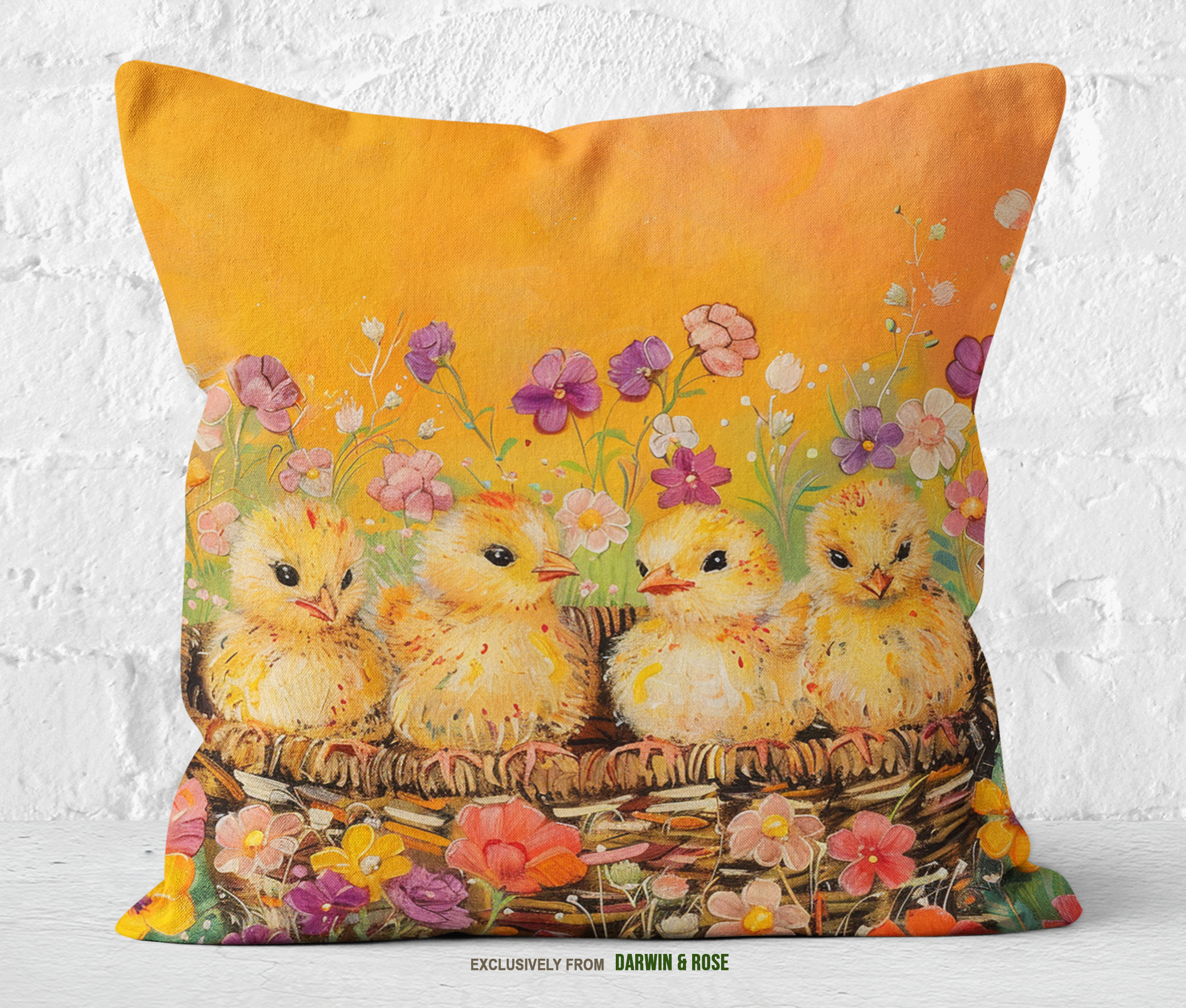 Springtime Basket of Easter Chicks Throw Pillow - Vibrant Farmhouse Charm