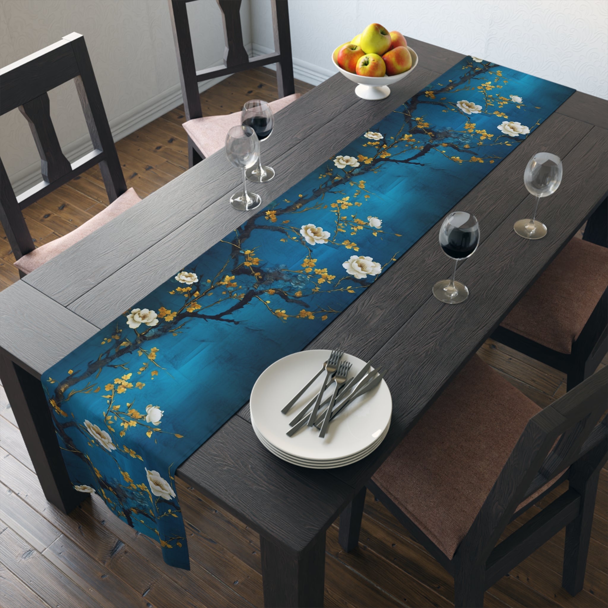 Blue Blossom Table Runner | Teal, White, and Gold Design (72" or 90")