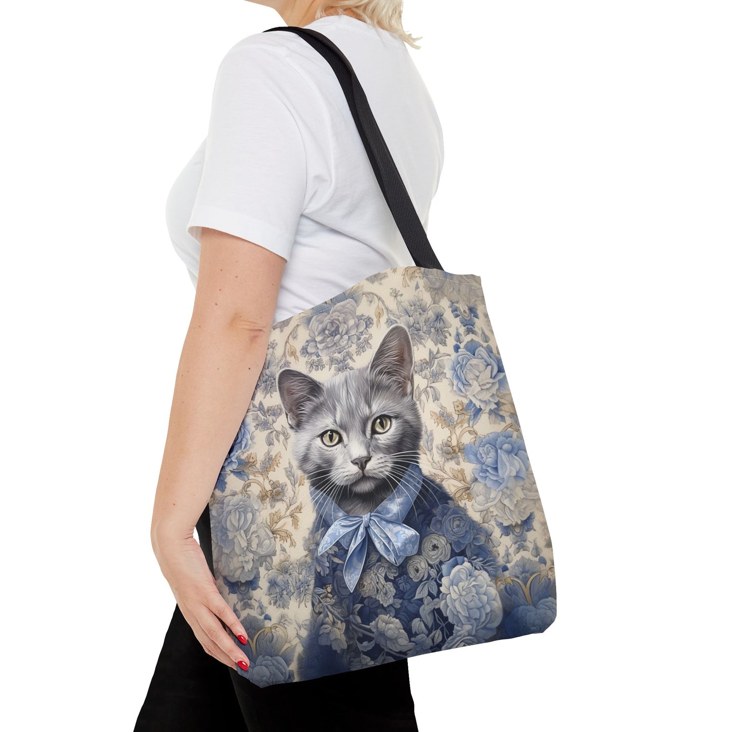 Russian Blue Cat Floral Tote Bag, Elegant Eco-Friendly Shopper