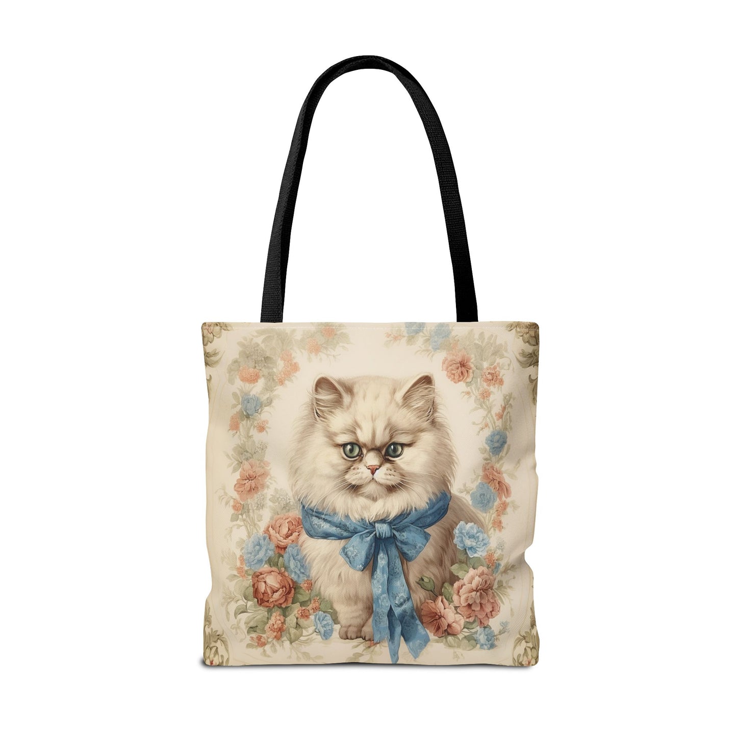 Persian Cat Floral Elegance Tote Bag with Blue Bow for Cat Lovers