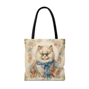 Persian Cat Floral Elegance Tote Bag with Blue Bow for Cat Lovers