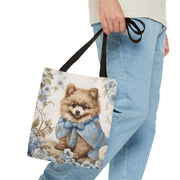 Floral Pomeranian Tote Bag with Blue Vintage Bow Design