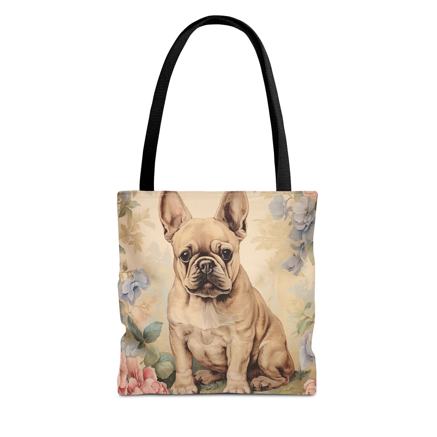 Charming Frenchie Canvas Tote Bag - Fawn Bulldog with Floral Design