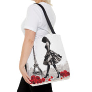 Parisian Elegance Tote Bag with Eiffel Tower and Red Roses Design