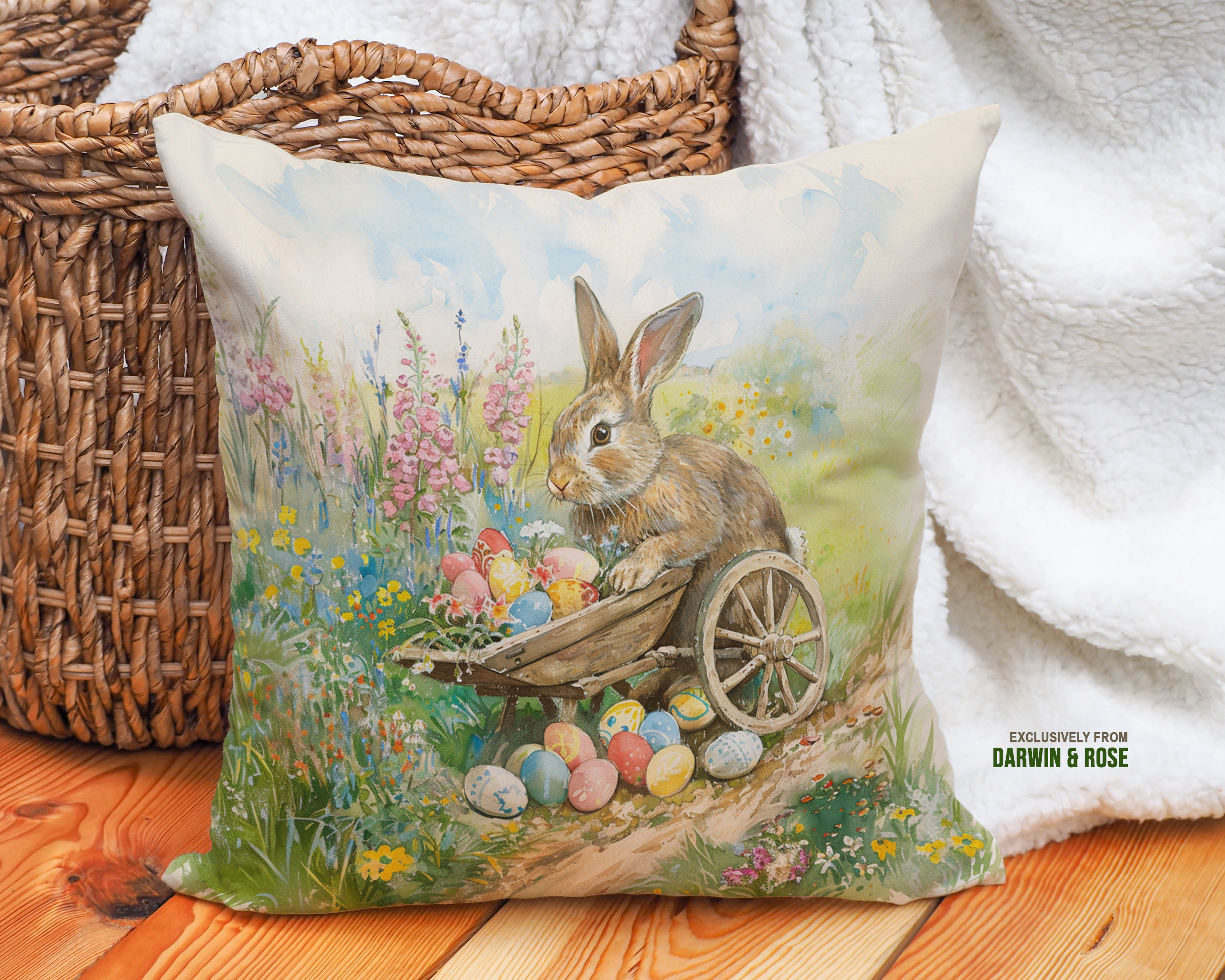 Easter Bunny Meadow Throw Pillow – Rustic Spring Decor