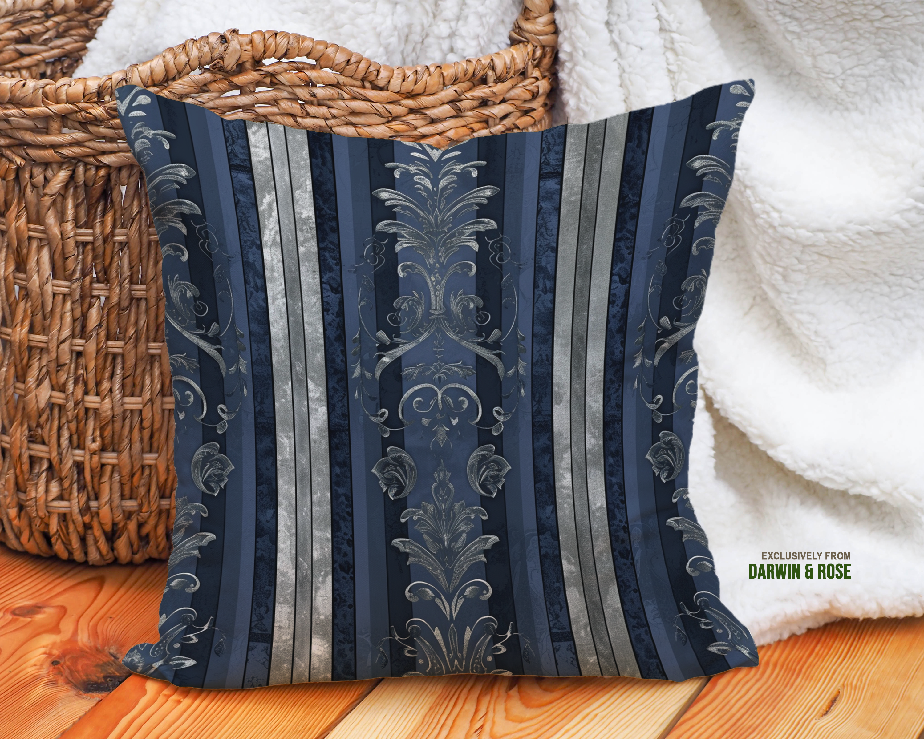 Victorian Elegance Striped Throw Pillow – Navy and Silver Baroque Design