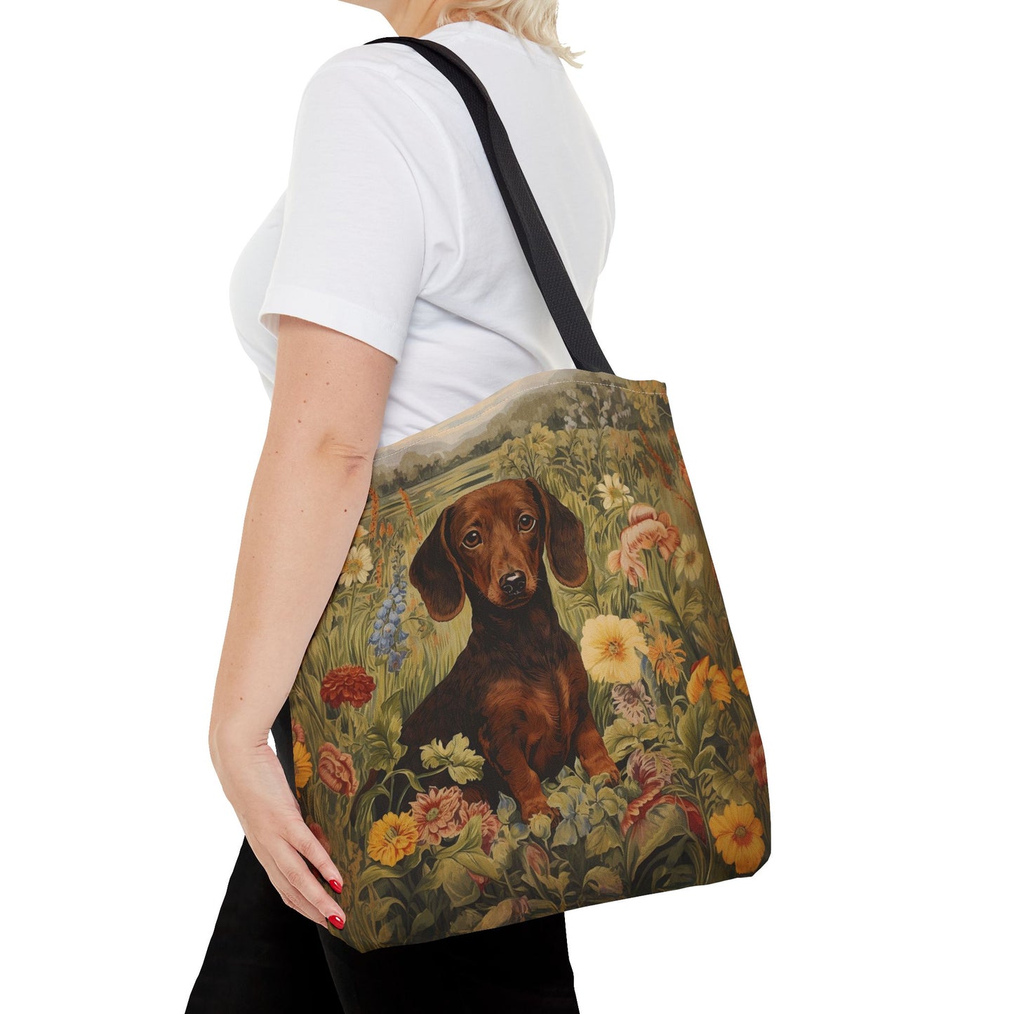 Dachshund Floral Meadow Canvas Tote Bag, Eco-Friendly Shopping Bag