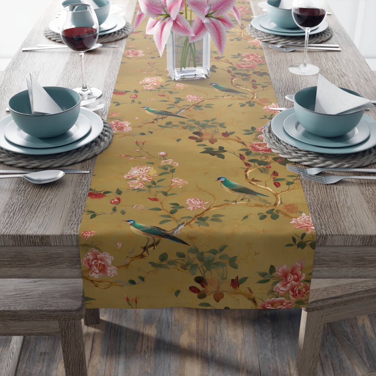 Gilded Chinoiserie Table Runner | Gold Leaf, Pink, and Teal Design (72" or 90")