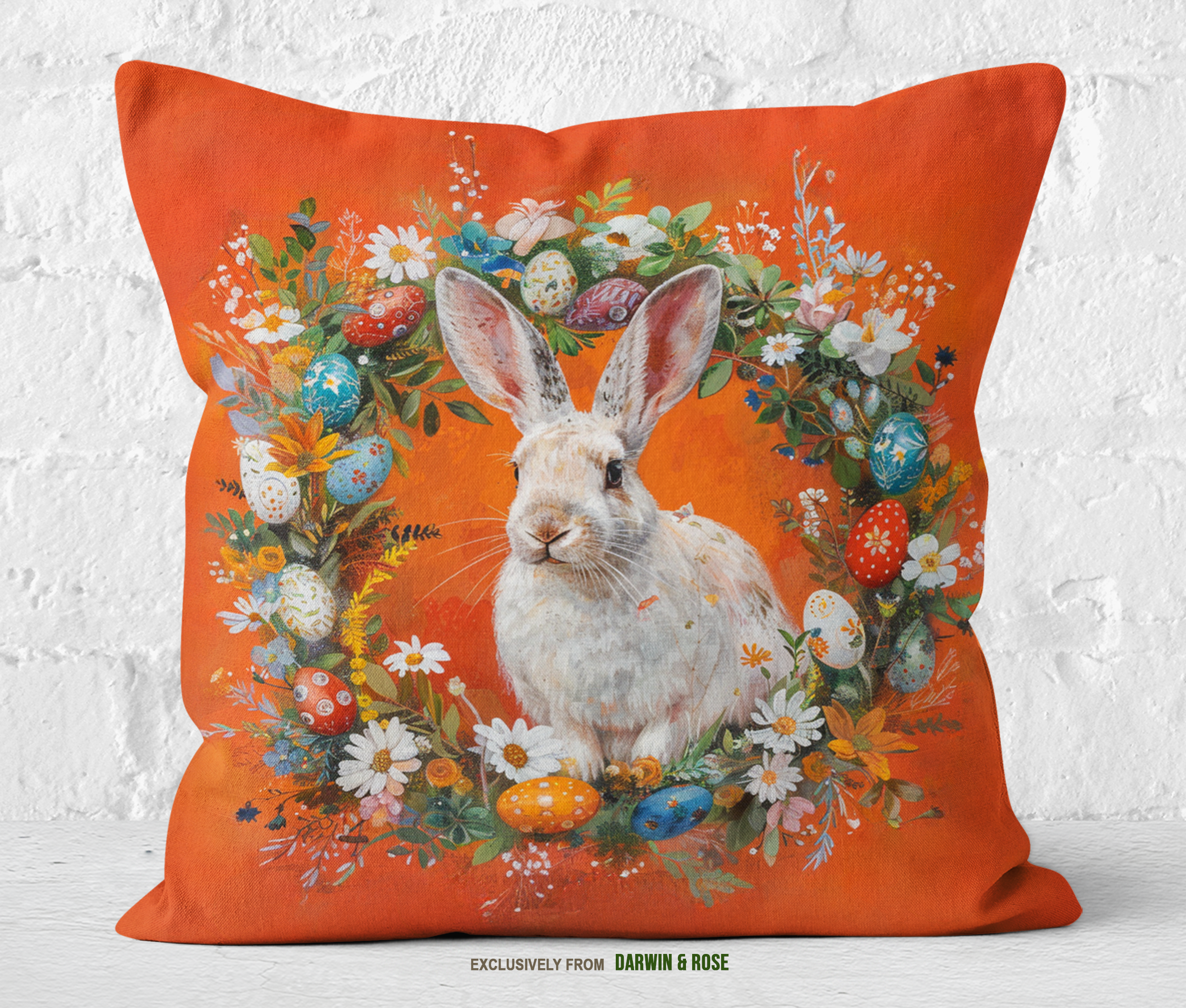 Easter Bunny Floral Wreath Throw Pillow – Vibrant Spring Décor