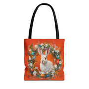 Easter Bunny Canvas Tote Bag, Bright Orange Floral Design, Eco-Friendly