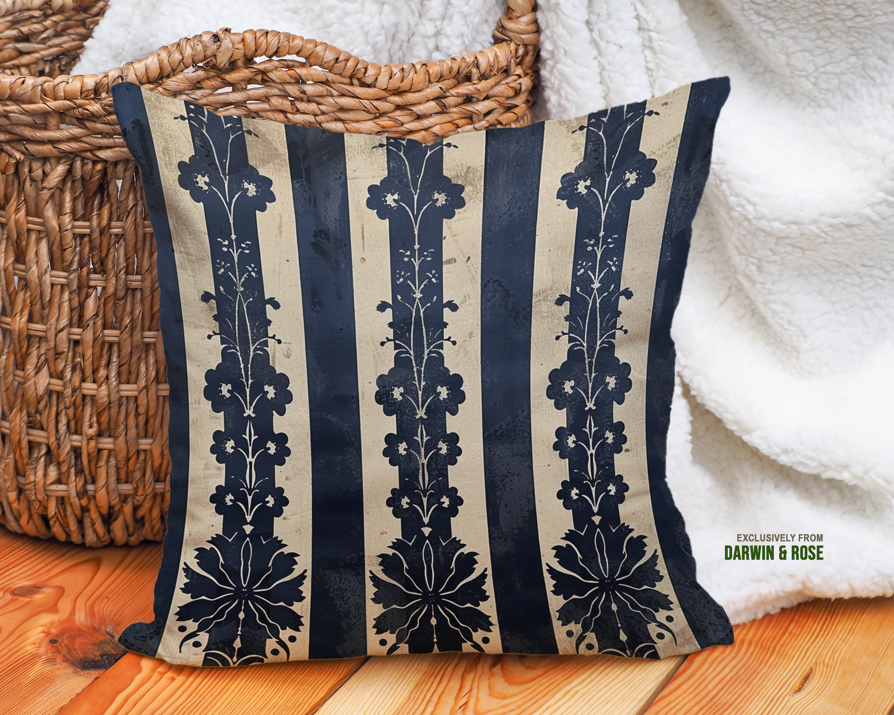 Elegant Navy and Cream Striped Throw Pillow – Vintage Boho Style