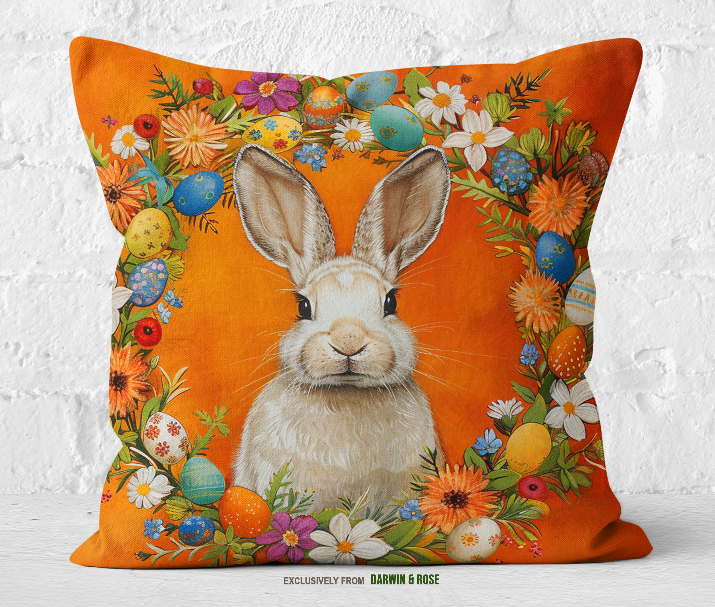 Easter Bunny Wreath Throw Pillow – Bright Farmhouse Spring Décor