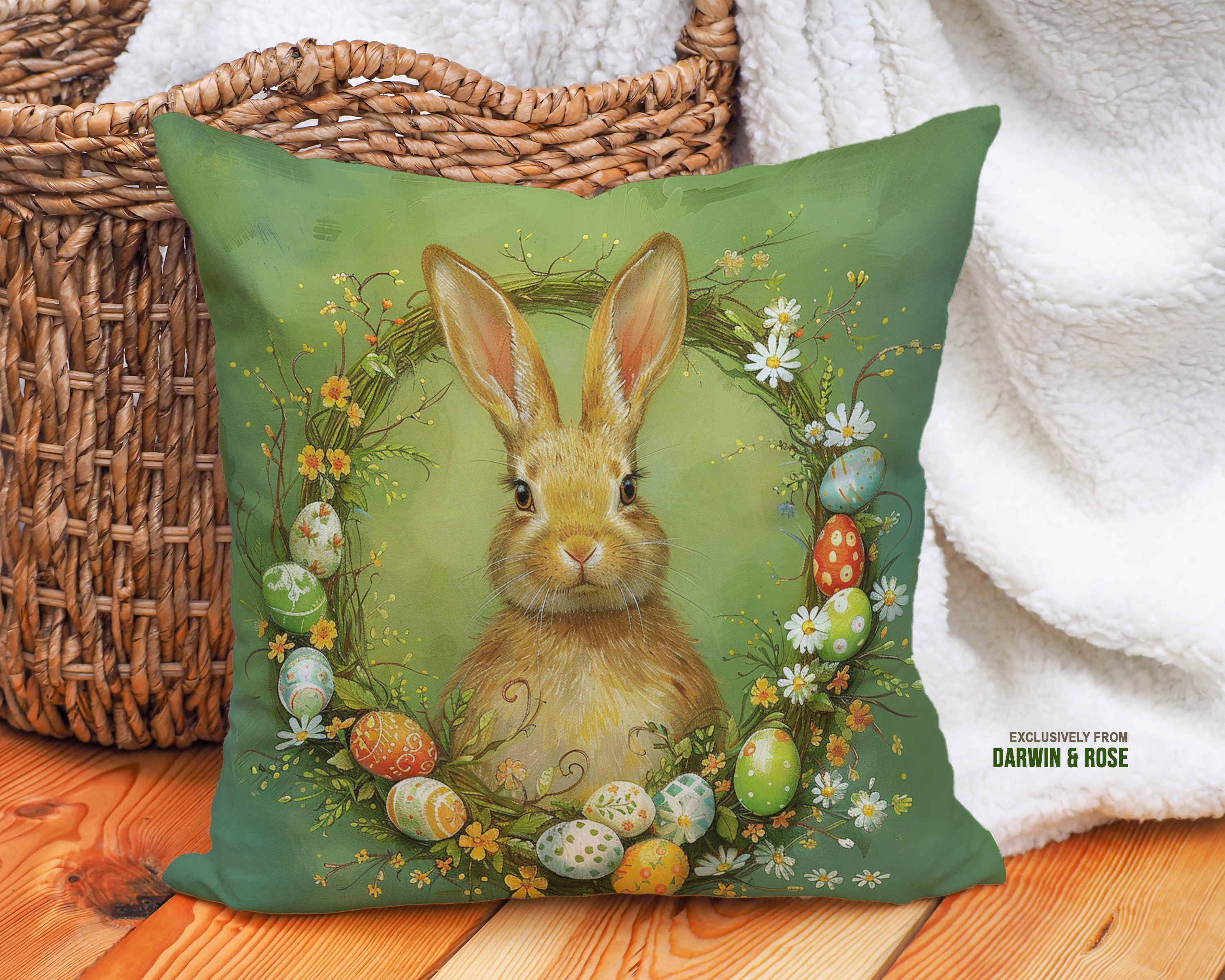 Easter Bunny Wreath Throw Pillow - Farmhouse Style Spring Decor
