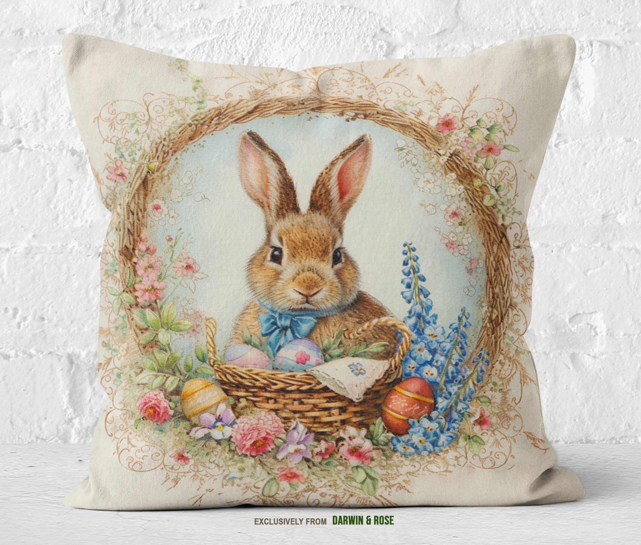 Easter Bunny Wreath Throw Pillow – Farmhouse Spring Décor
