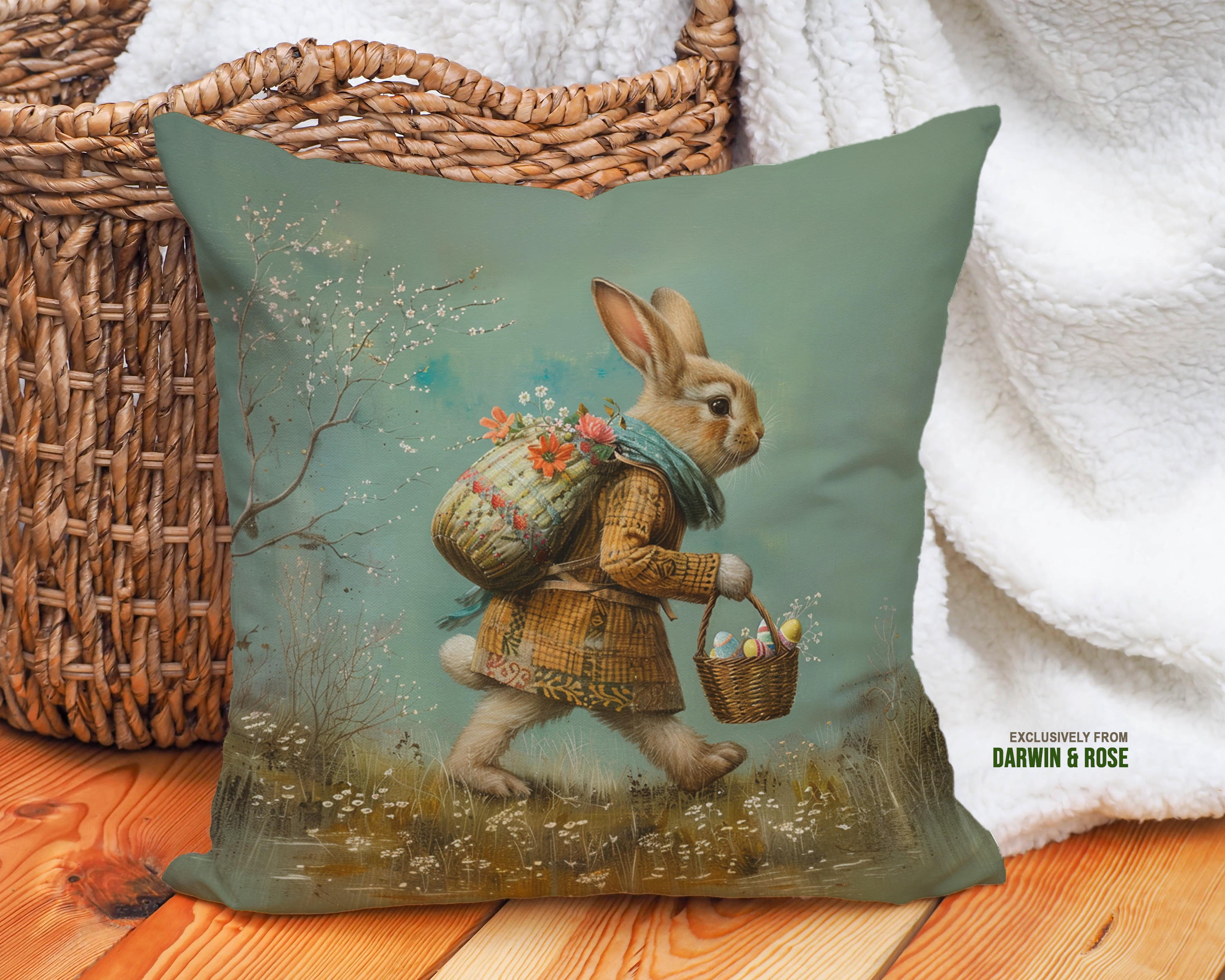 Vintage Easter Bunny Throw Pillow – Whimsical Spring Decor
