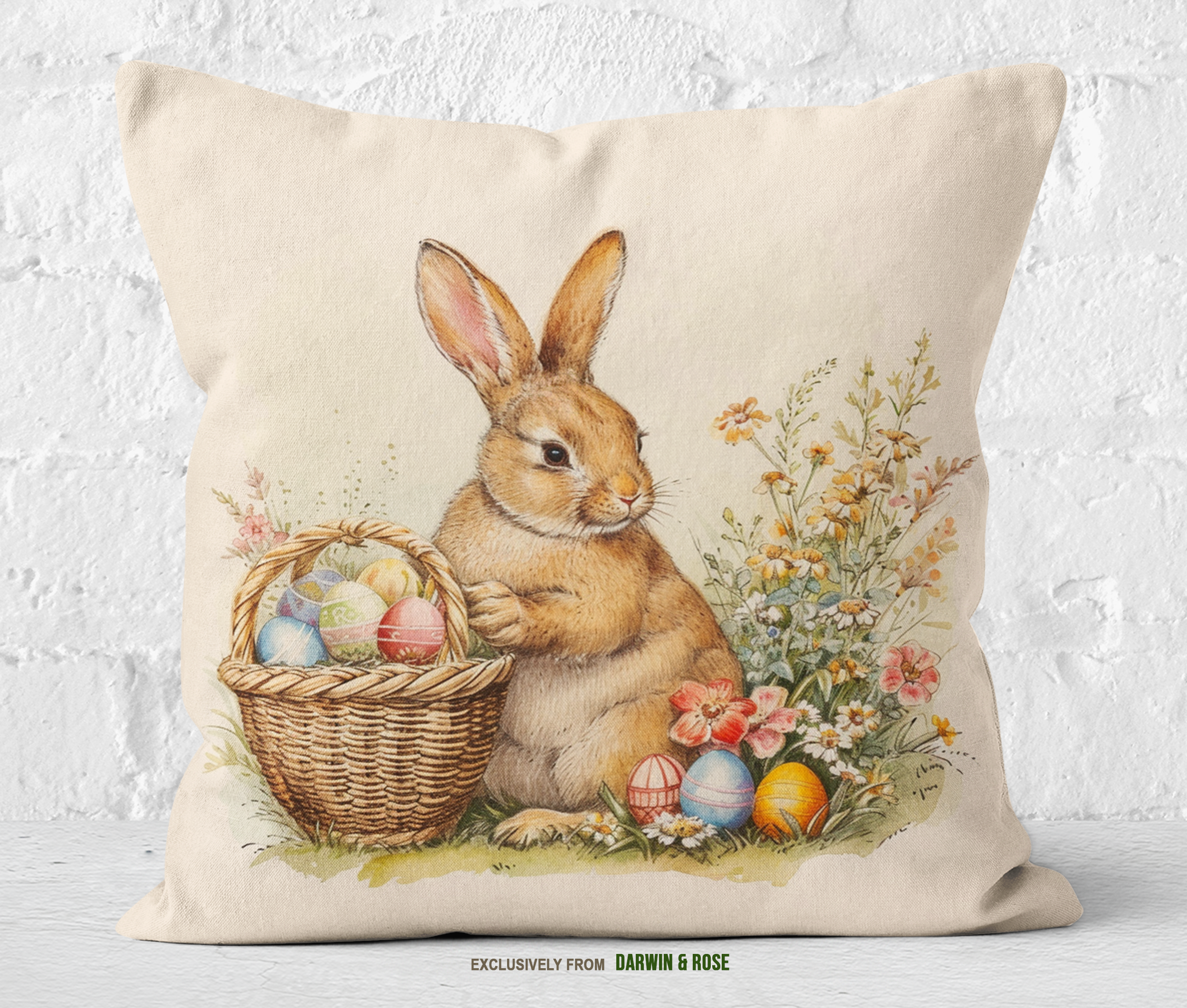 Easter Bunny with Floral Basket - Farmhouse Style Throw Pillow