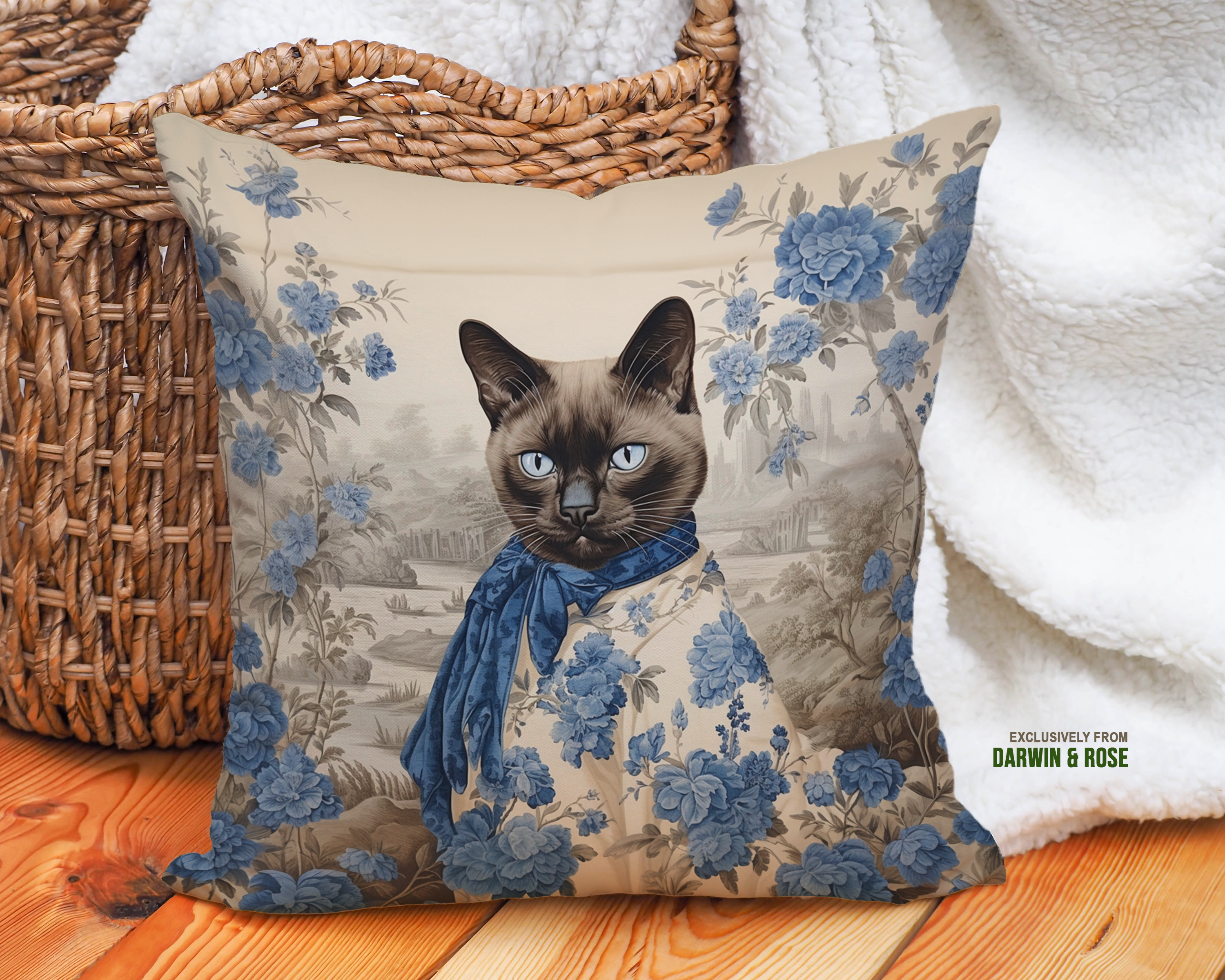 Regal Burmese Cat in Blue Floral Vintage Modern Throw Pillow