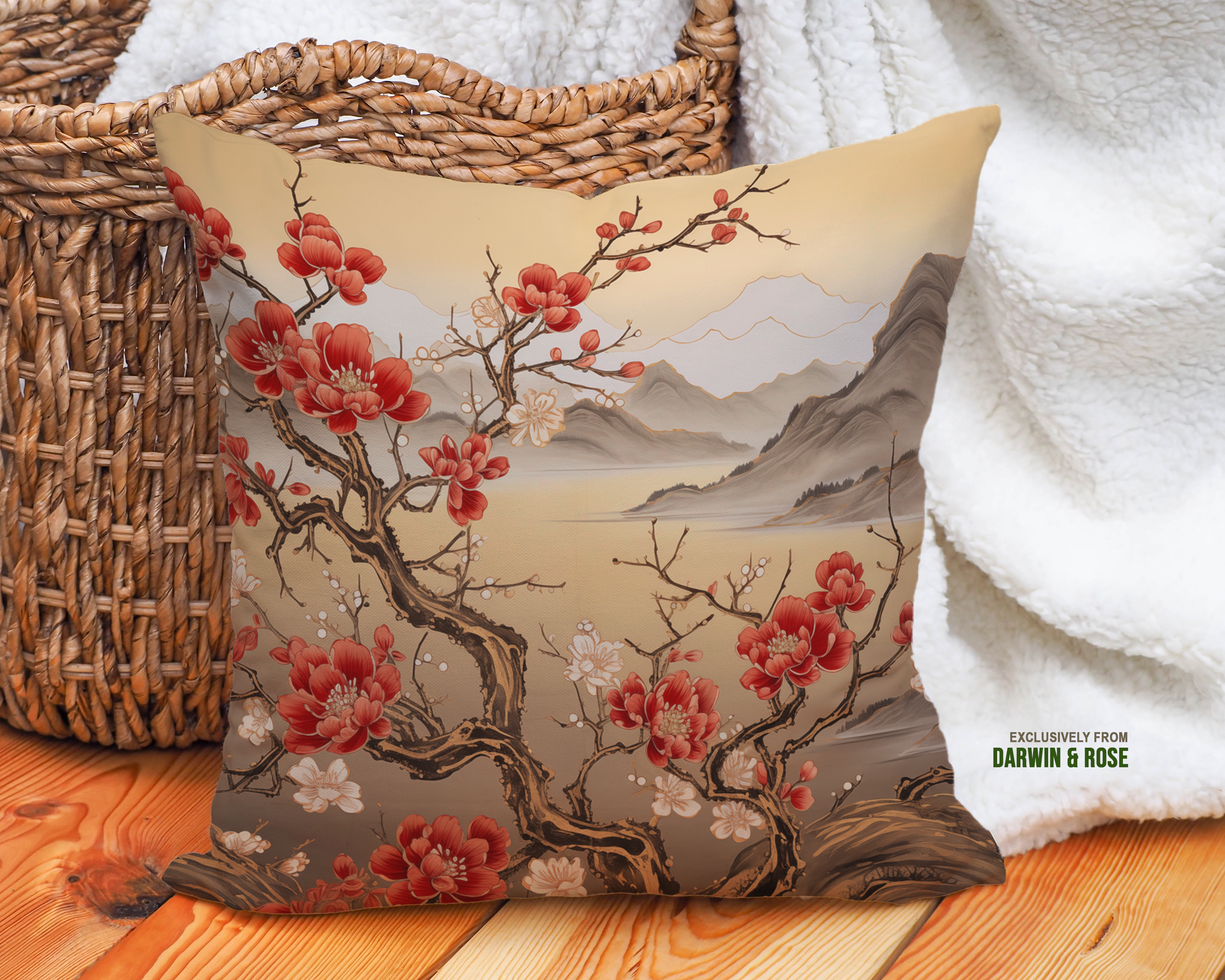 Golden Elegance Cherry Blossom Throw Pillow – Asian-Inspired Modern Decor