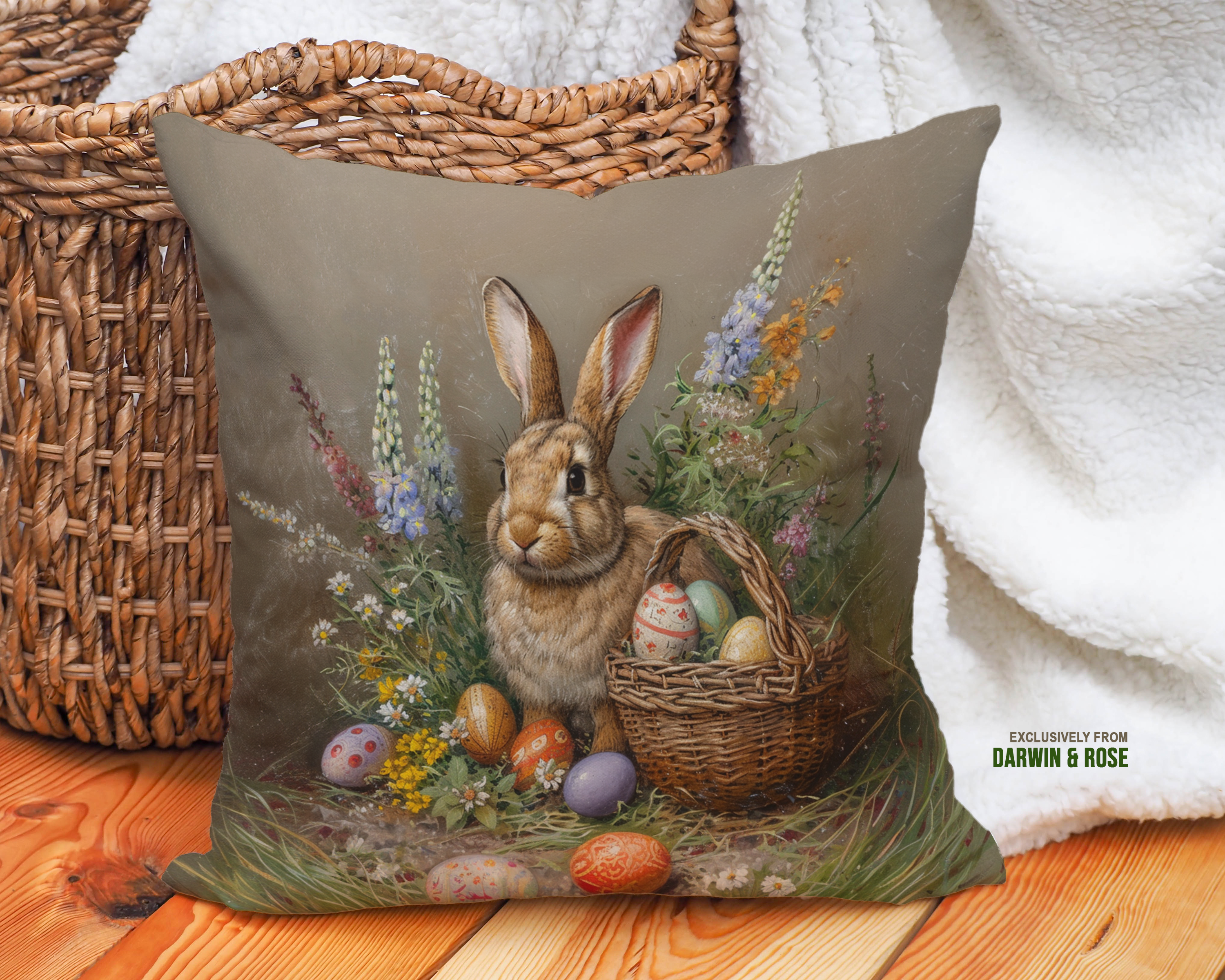 Easter Bunny Meadow Throw Pillow – Rustic Farmhouse Decor