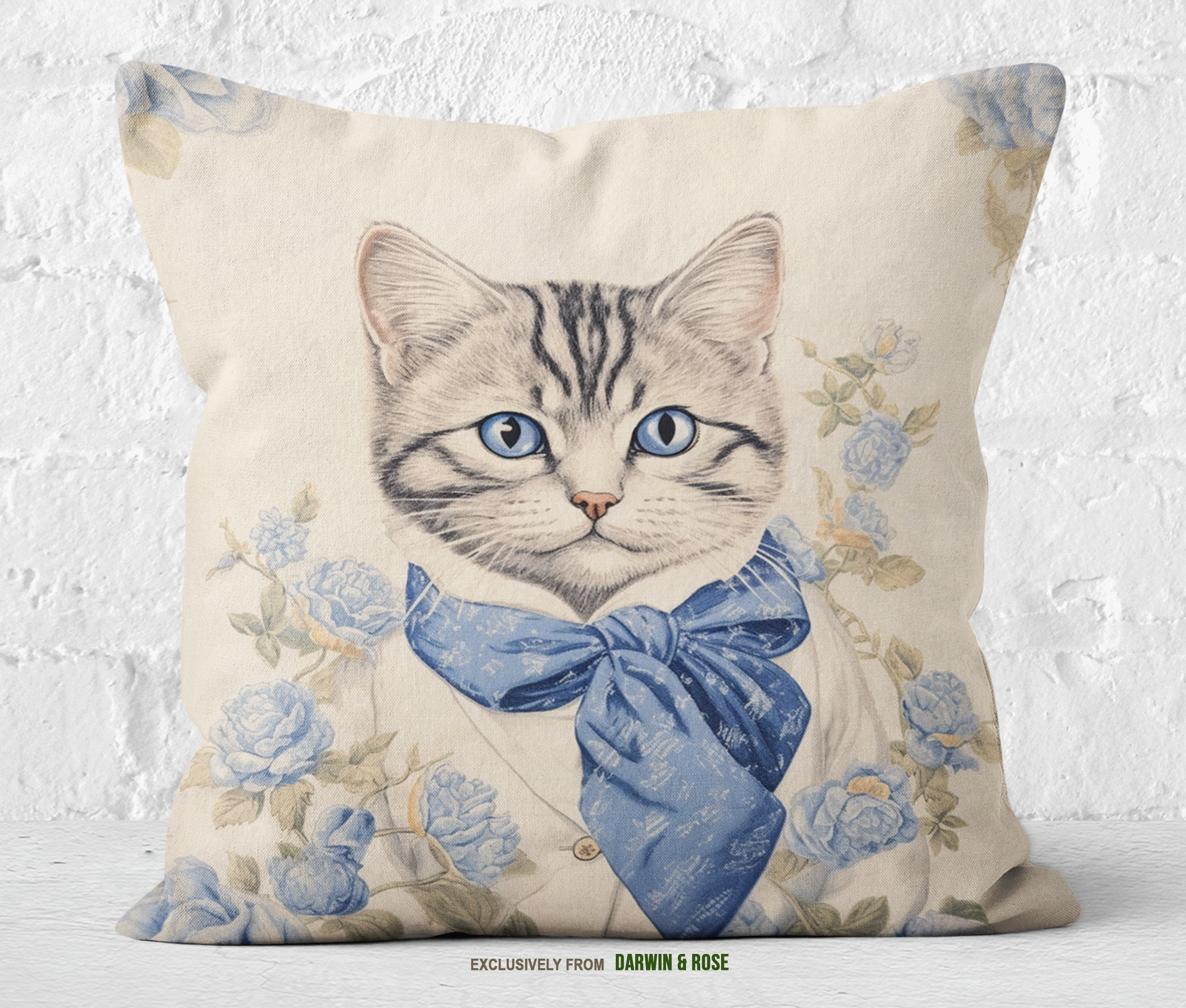Elegant American Shorthair Cat Throw Pillow – Vintage Blue Floral Design