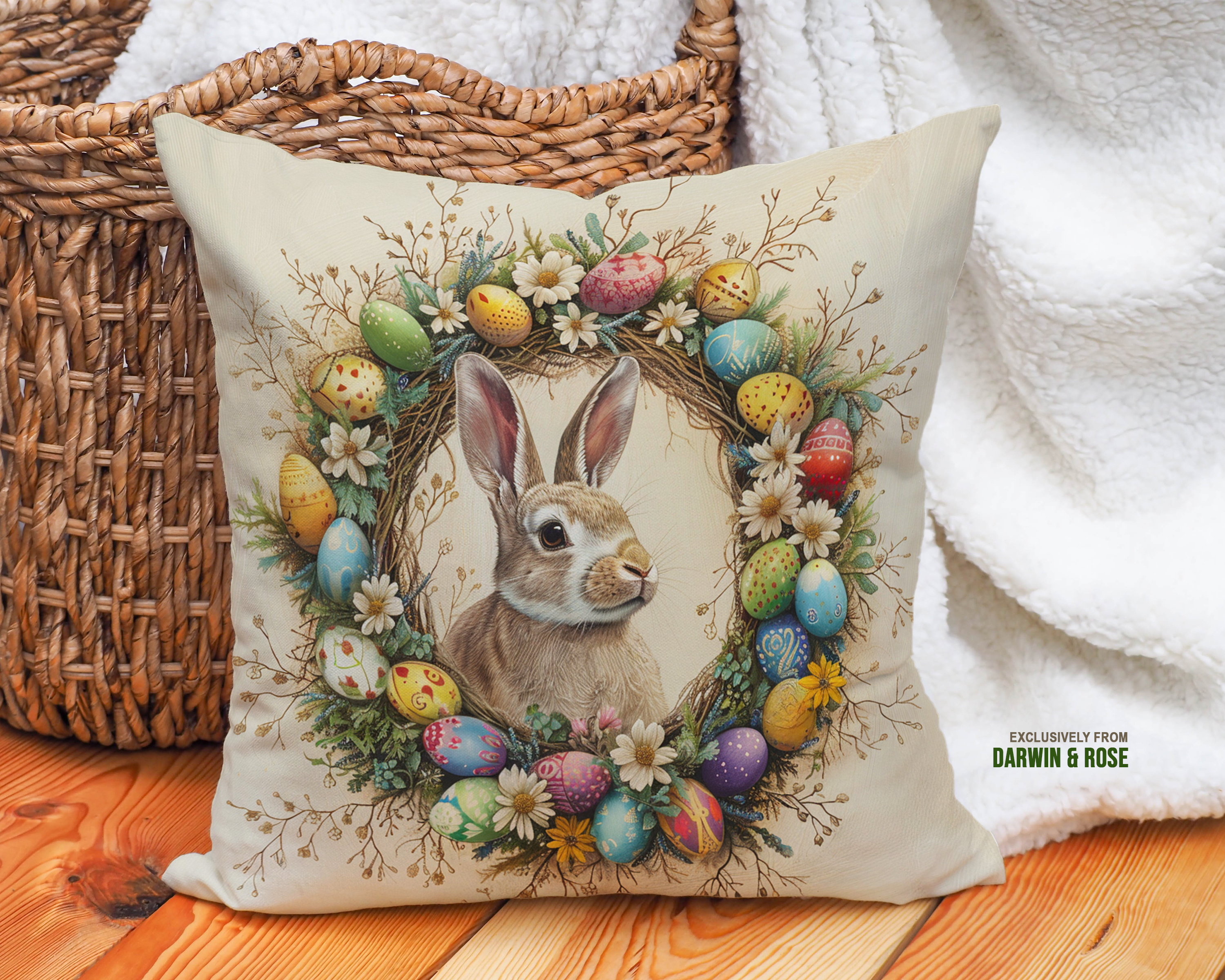 Easter Bunny Wreath Throw Pillow – Farmhouse Spring Décor