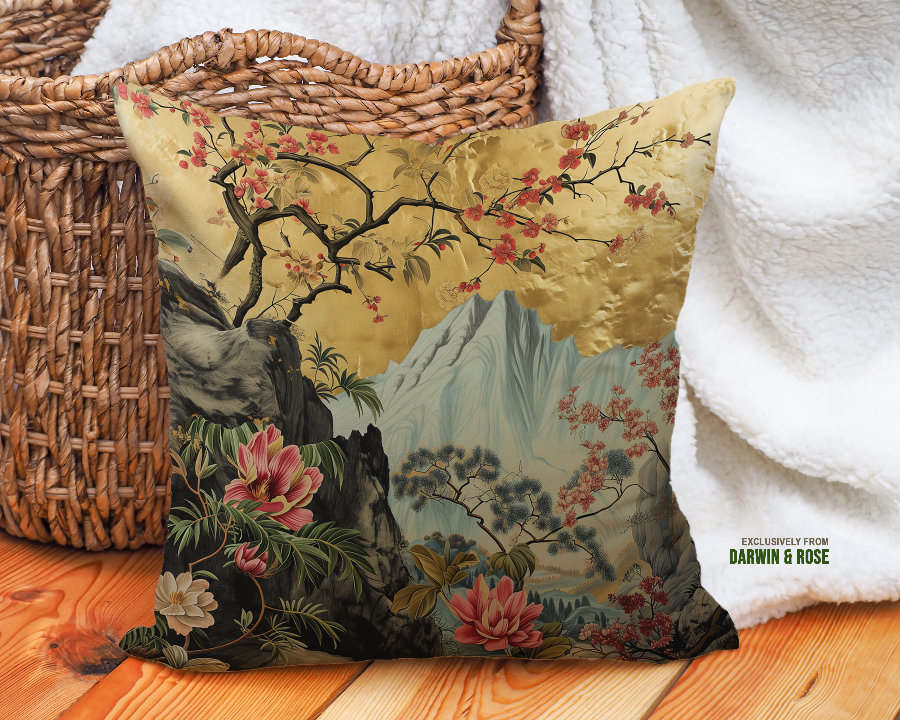 Golden Serenity Throw Pillow – Asian-Inspired Floral Design