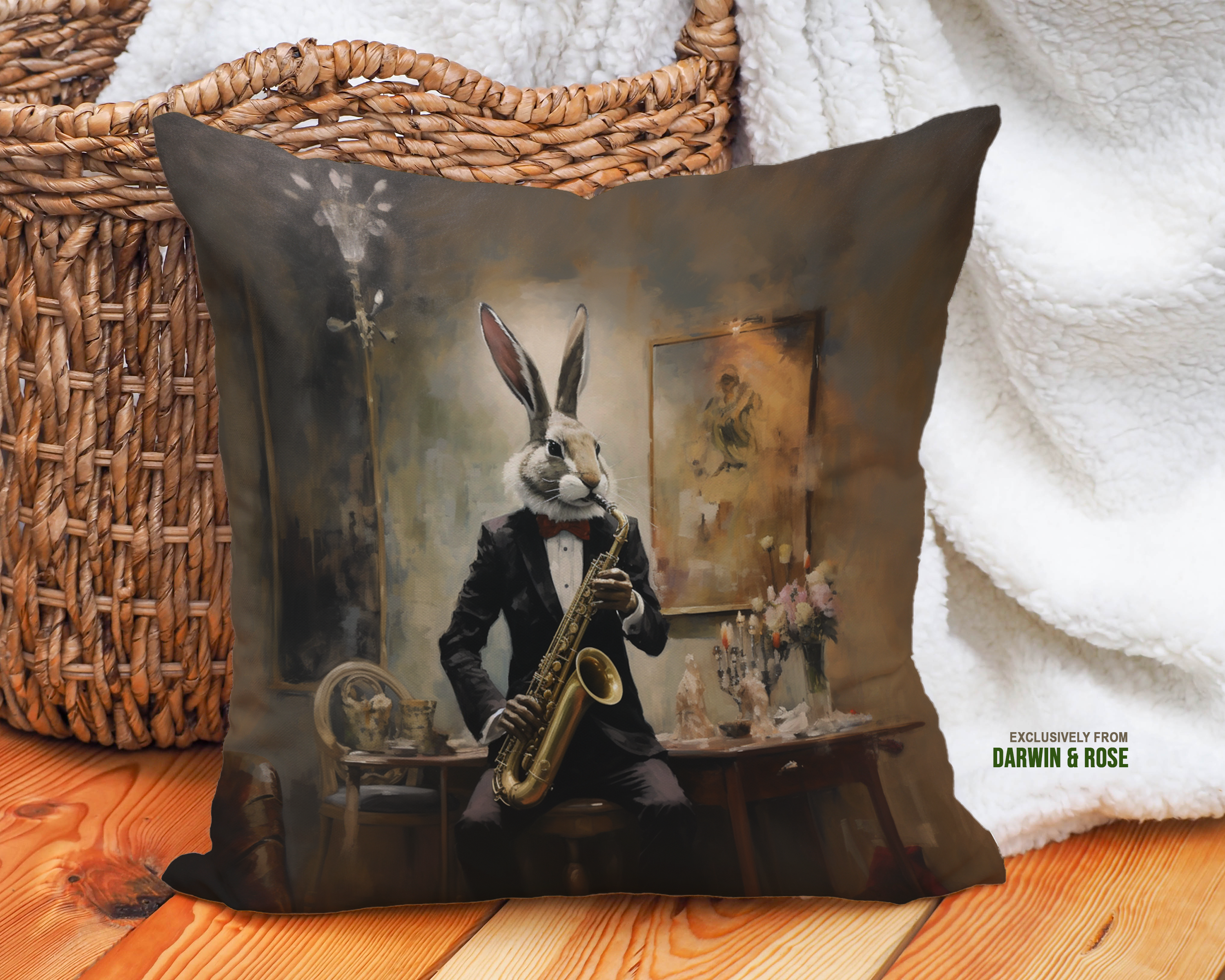 Sophisticated Easter Bunny Saxophonist Pillow – Vintage Boho Decor