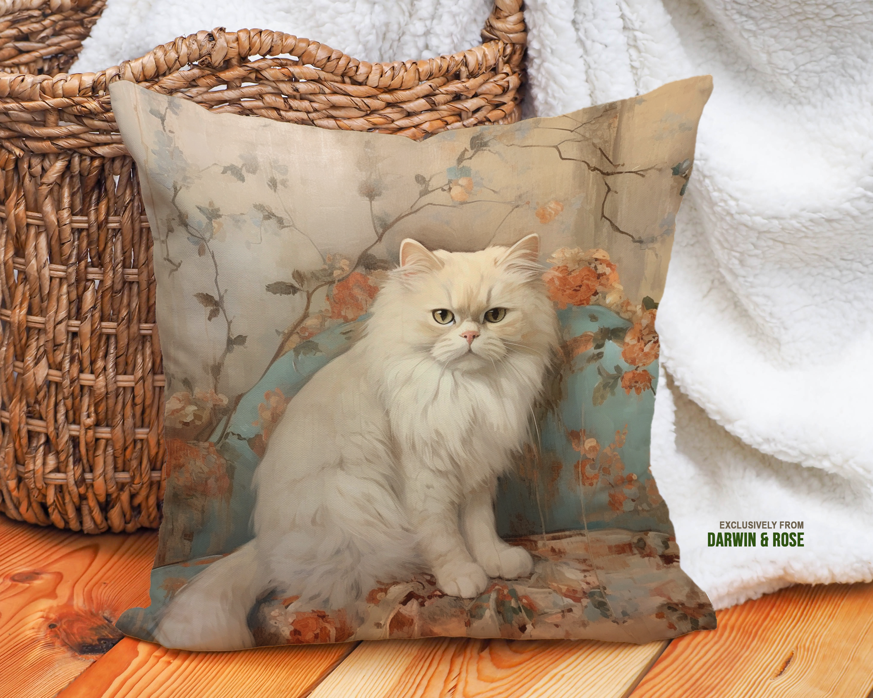 Elegant Persian Cat Throw Pillow - Vintage Floral Style for Cozy Décor